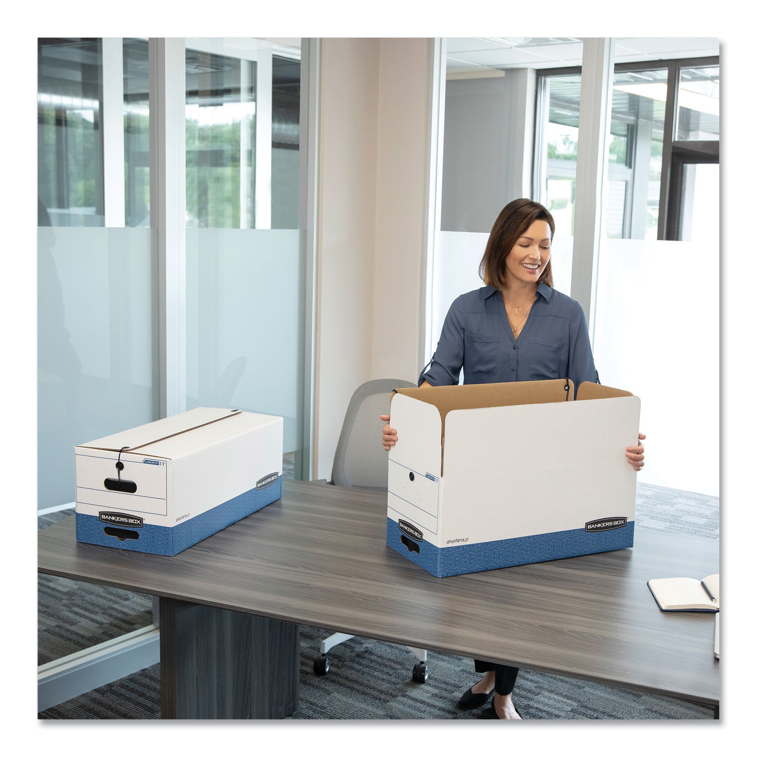 Bankers Box Liberty File Storage Boxes, Letter Size, String/Button Tie Closure, Stackable, Reinforced Handles, Fiberboard, White/Blue, 4 Boxes per Carton