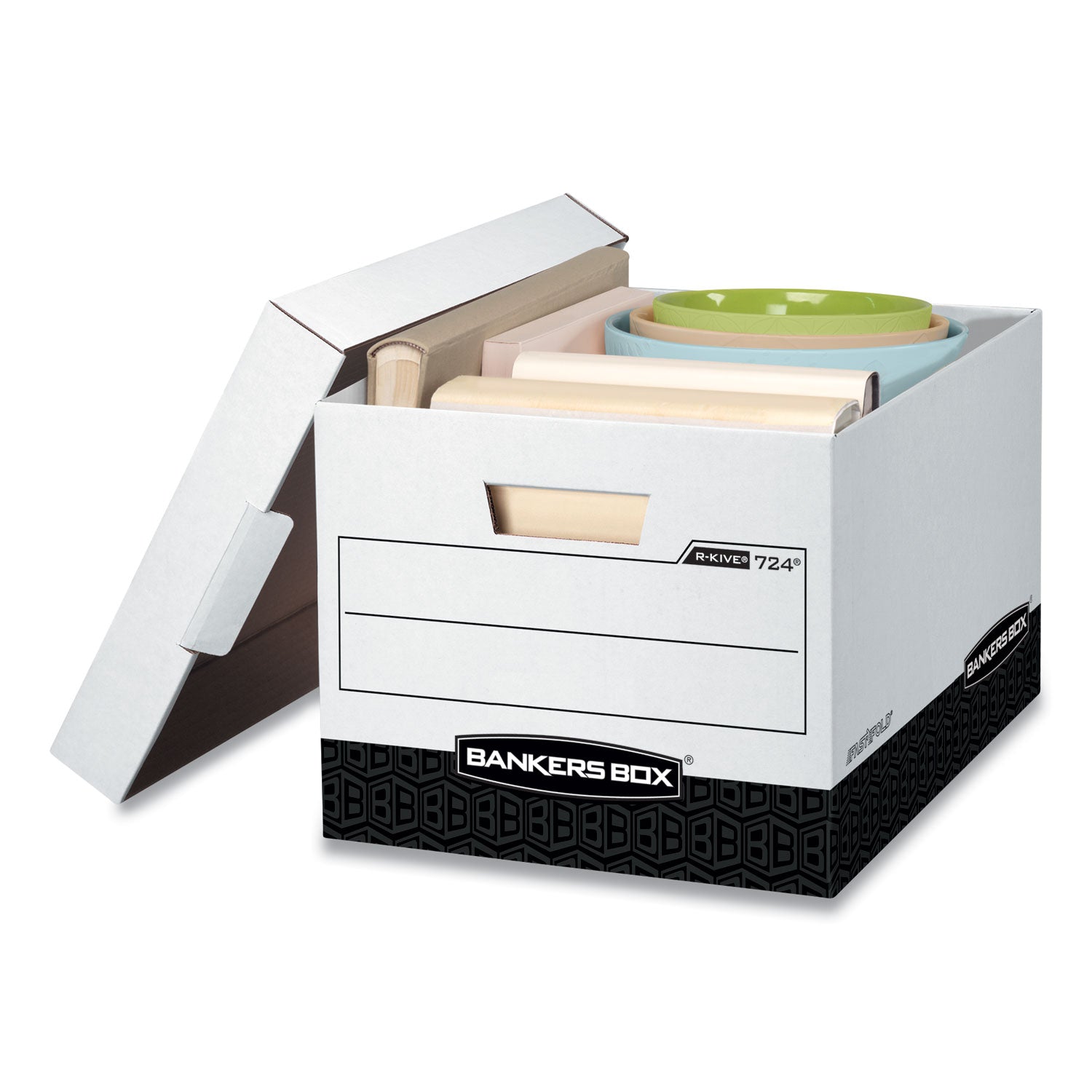 Bankers Box R-Kive File Storage Box, Heavy Duty, Lift-off Lid, Stackable, Letter/Legal Size, White/Black, 12 Boxes per Carton