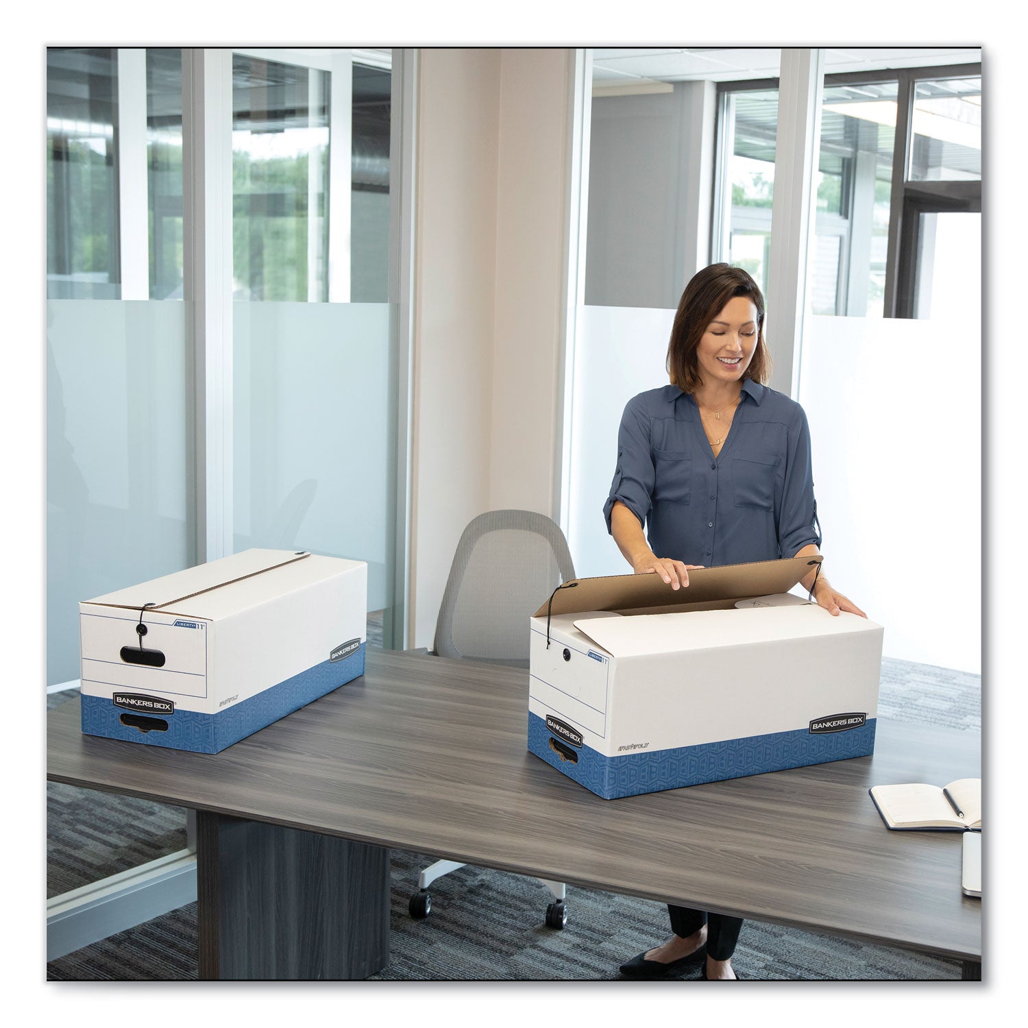 Bankers Box Stor/File String & Button Legal Storage Box, Legal Size, Medium Duty, Stackable, White/Blue, Corrugated Paper, 12 Boxes per Carton