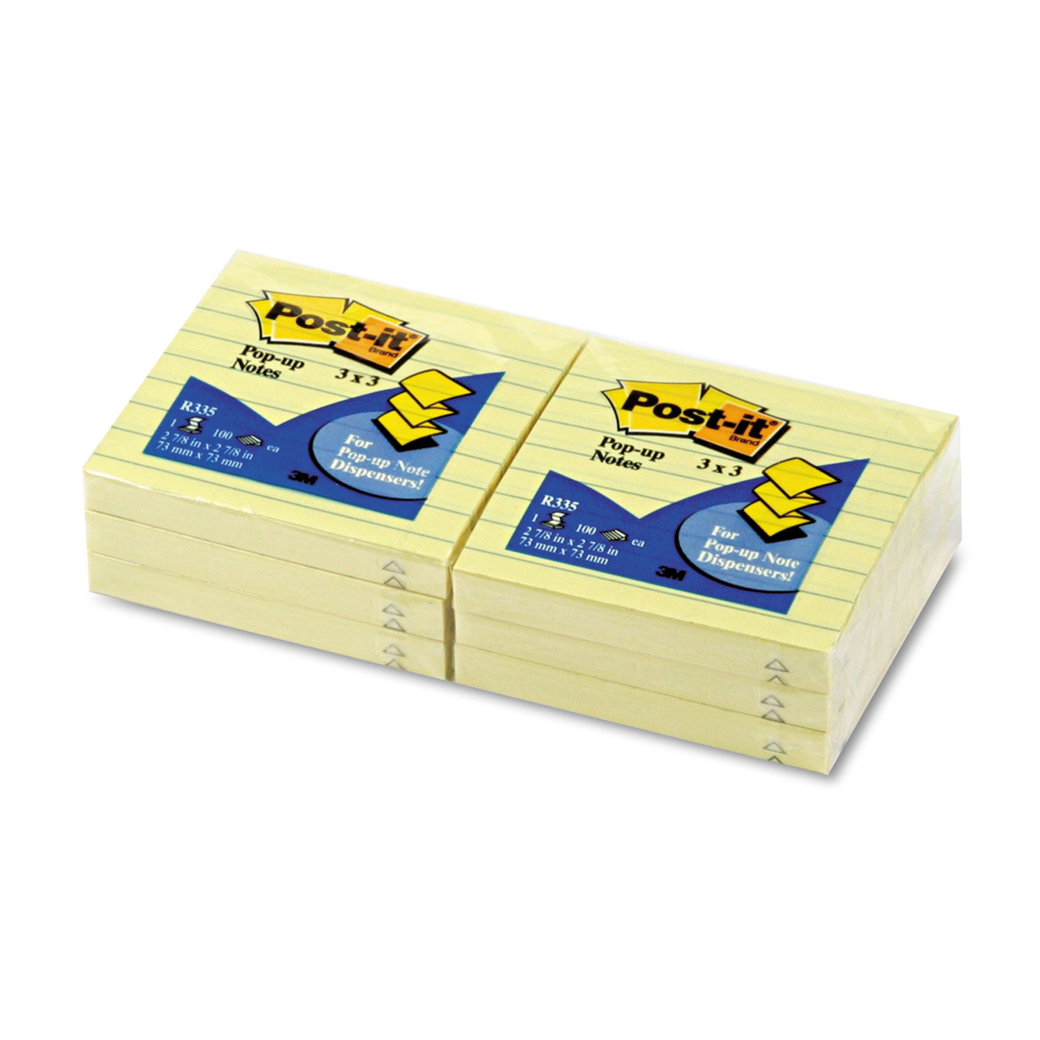 Post-it&reg; Dispenser Notes - 600 - 3" Flag/Note Width x 3" Flag/Note Length - Square - 100 Sheets per Pad - Ruled - Yellow - Paper - Pop-up, Fanfold, Refillable - 6 / Pack