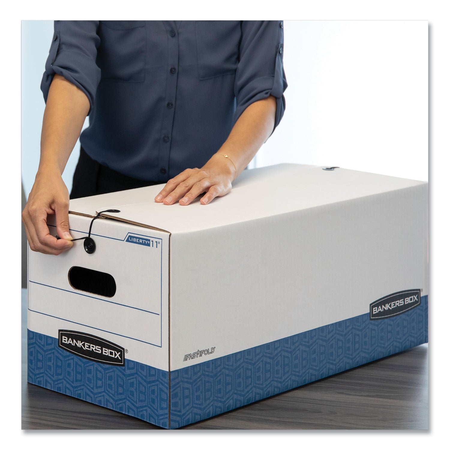 Bankers Box Liberty File Storage Boxes, Legal Size, Heavy Duty, String/Button Tie Closure, Stackable, Reinforced Handles, White/Blue, Fiberboard/Plastic, 12 Boxes per Carton