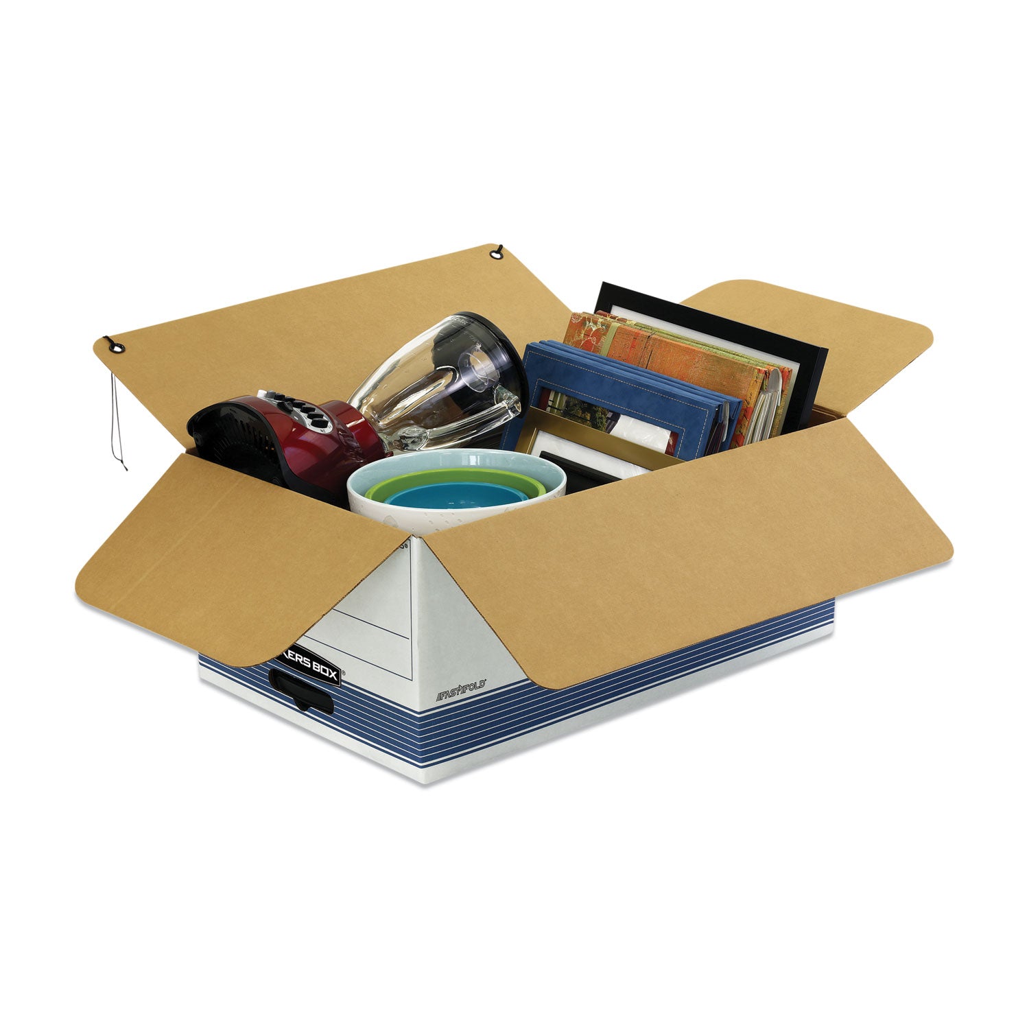 Bankers Box Stor/File String & Button Legal Storage Box, Legal Size, Medium Duty, Stackable, Reinforced Handles, White/Blue, 4 per Carton