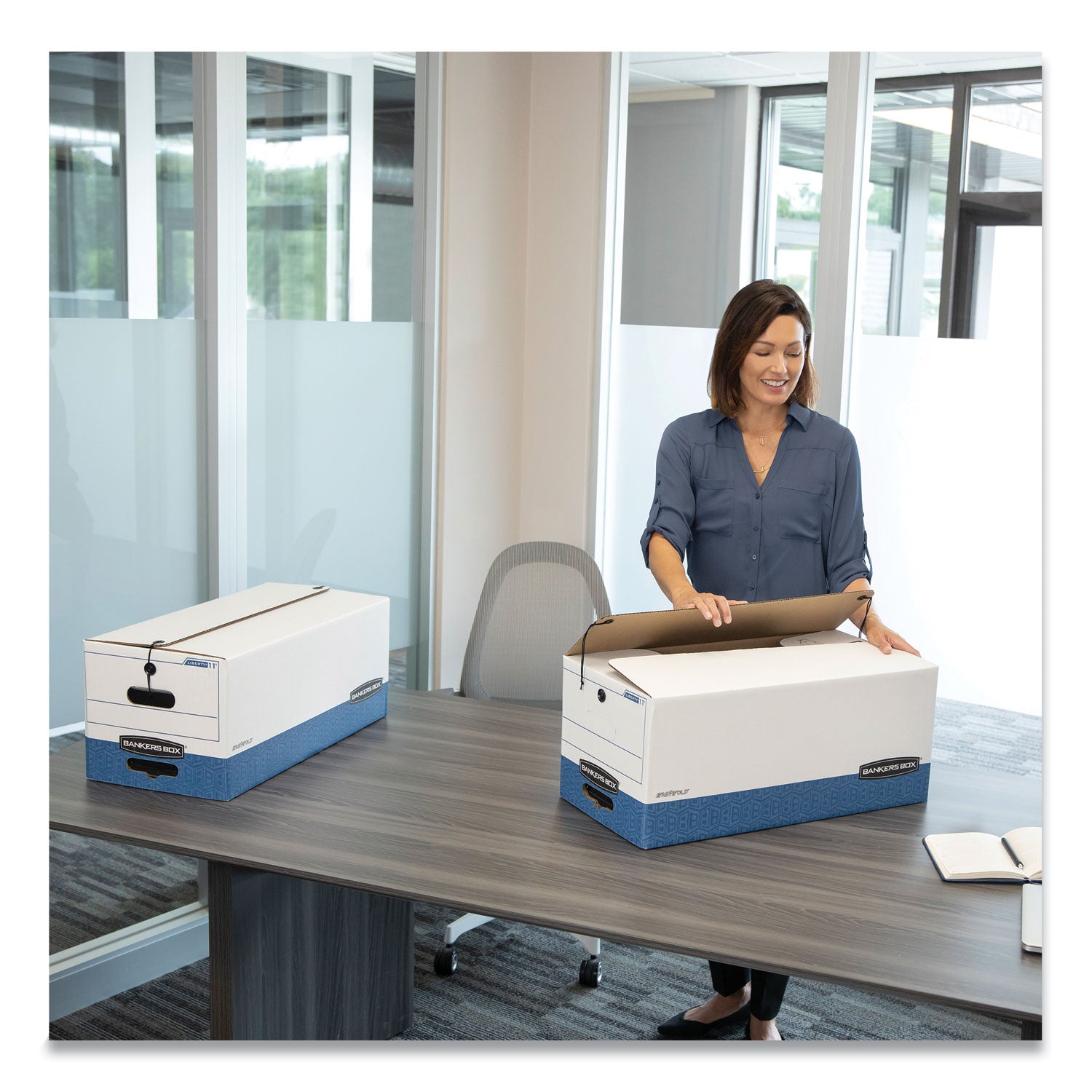 Bankers Box Stor/File String & Button Legal Storage Box, Legal Size, Medium Duty, Stackable, Reinforced Handles, White/Blue, 4 per Carton