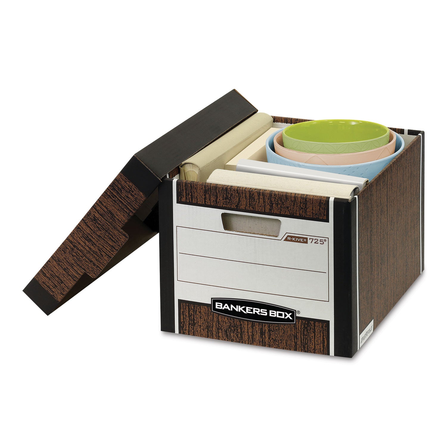 Bankers Box R-Kive File Storage Box, Heavy Duty, Stackable, Lift-off Lid, Letter/Legal Size, Wood Grain/Blue, 12 Boxes per Carton