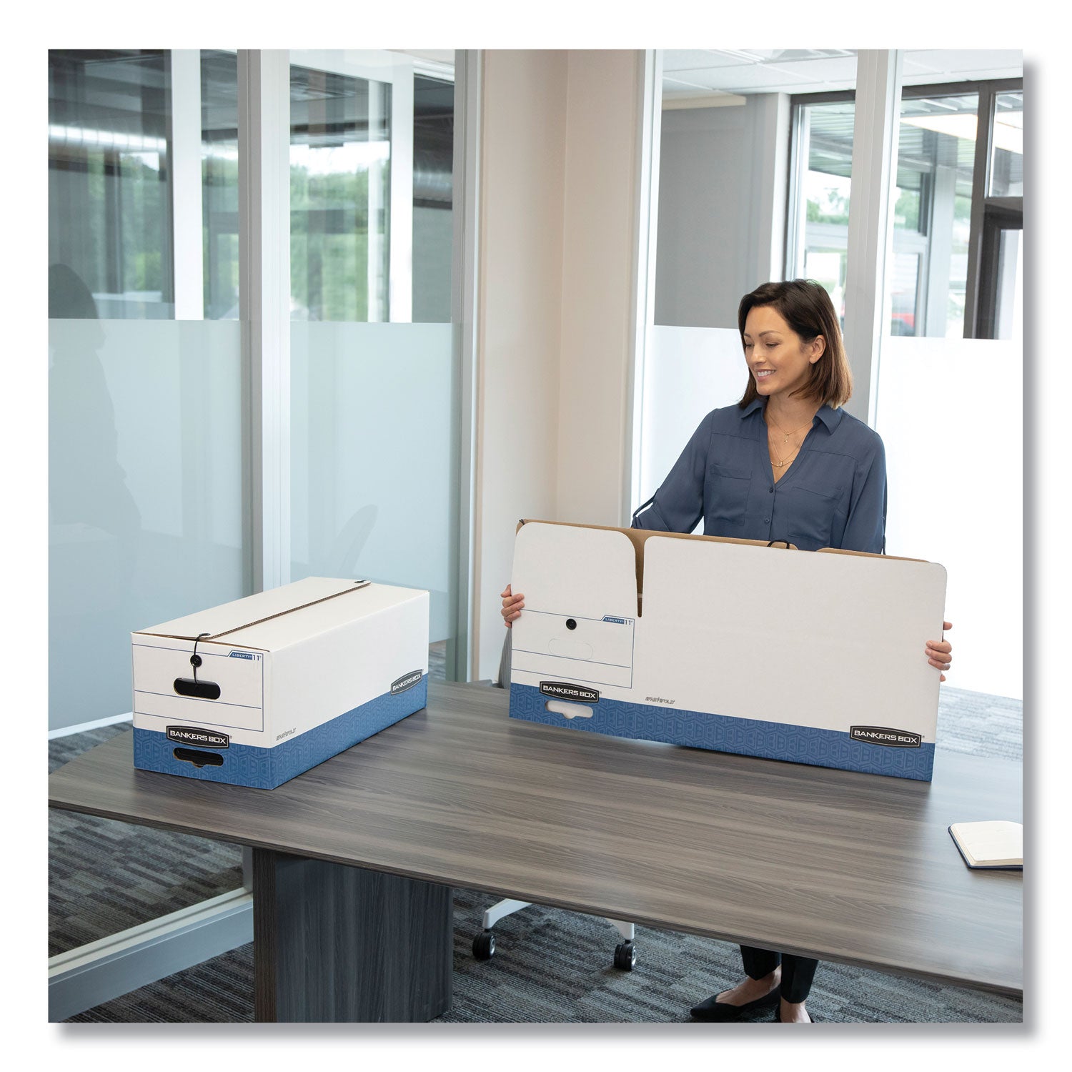 Bankers Box STOR/FILE File Storage Box, Letter Size, String/Button Closure, Medium Duty, Stackable, Plastic, White/Blue, Recycled, 20 Boxes per Carton
