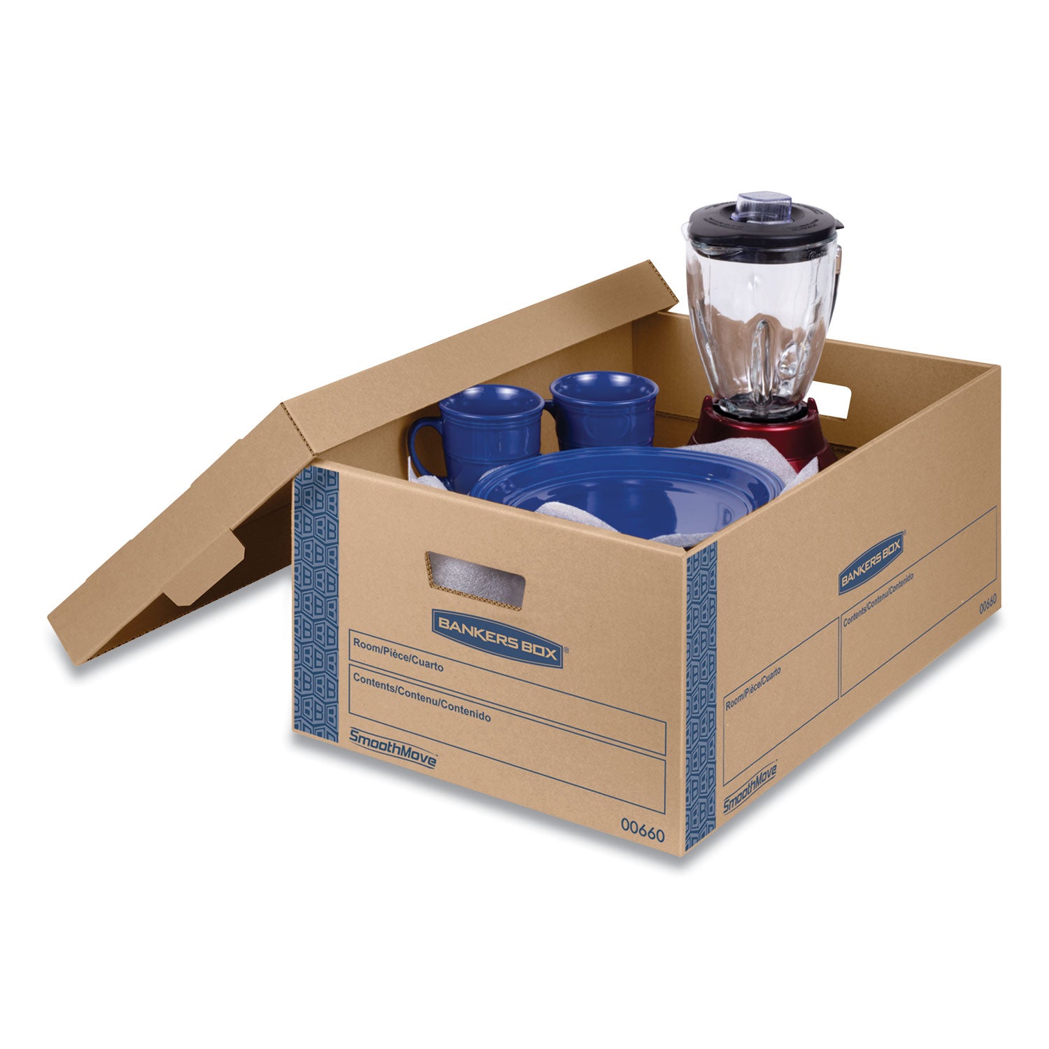 Bankers Box SmoothMove Moving Boxes, Legal Size, Double Wall, Lid Lock, Kraft/Blue, 8/Carton