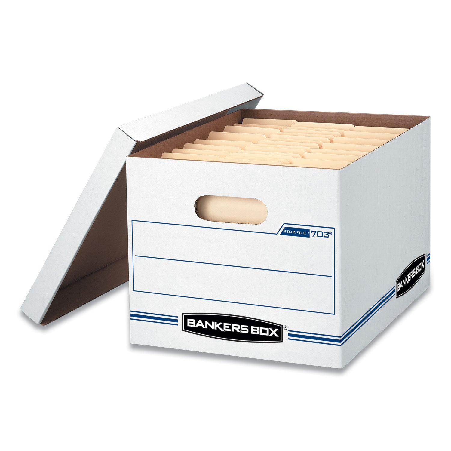 Bankers Box STOR/FILE Storage Box, Lift-off Lid, Light Duty, Stackable, Letter/Legal Size, White/Blue, Recycled, 12/Carton