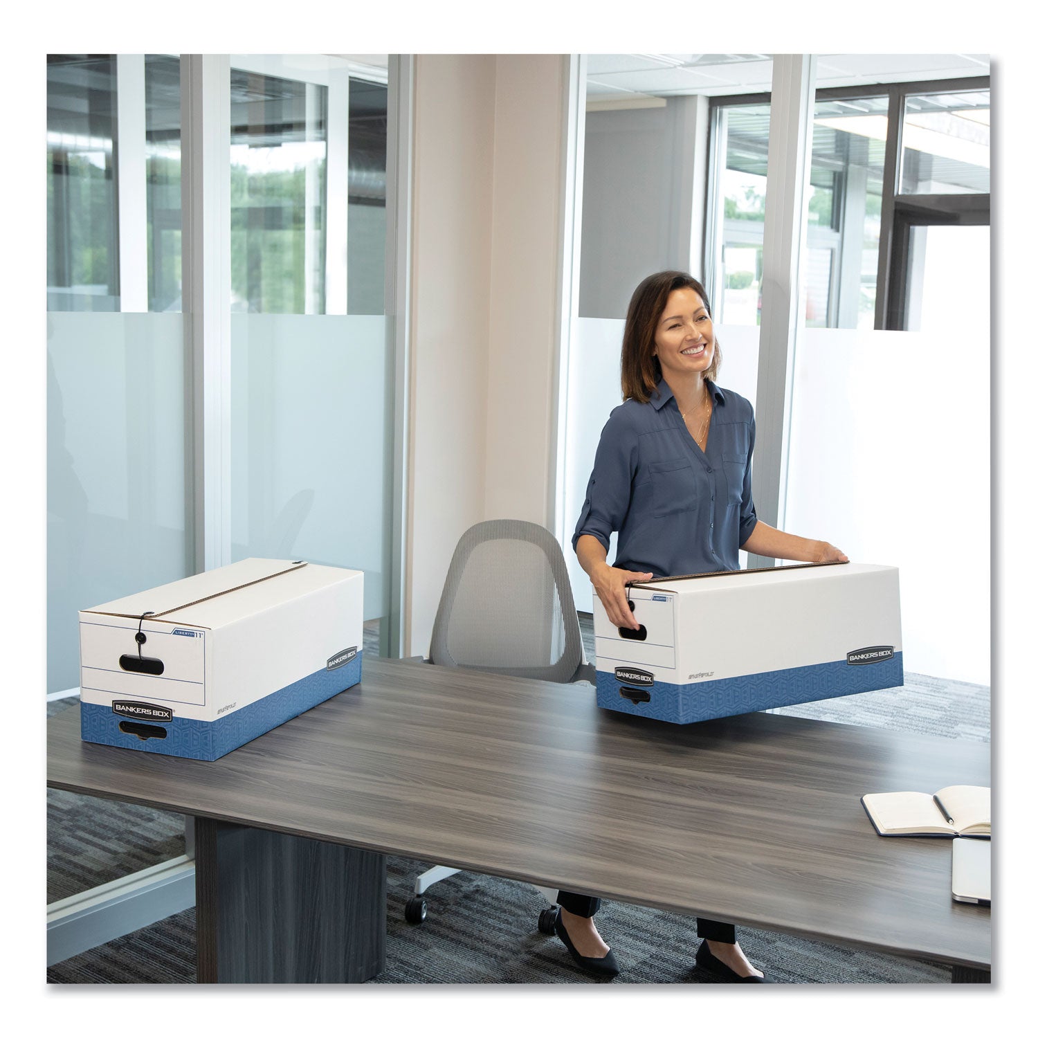 Bankers Box STOR/FILE File Storage Box, Letter Size, String/Button Tie Closure, Medium Duty, Stackable, Corrugated Paper, White/Blue, 12 Boxes per Carton