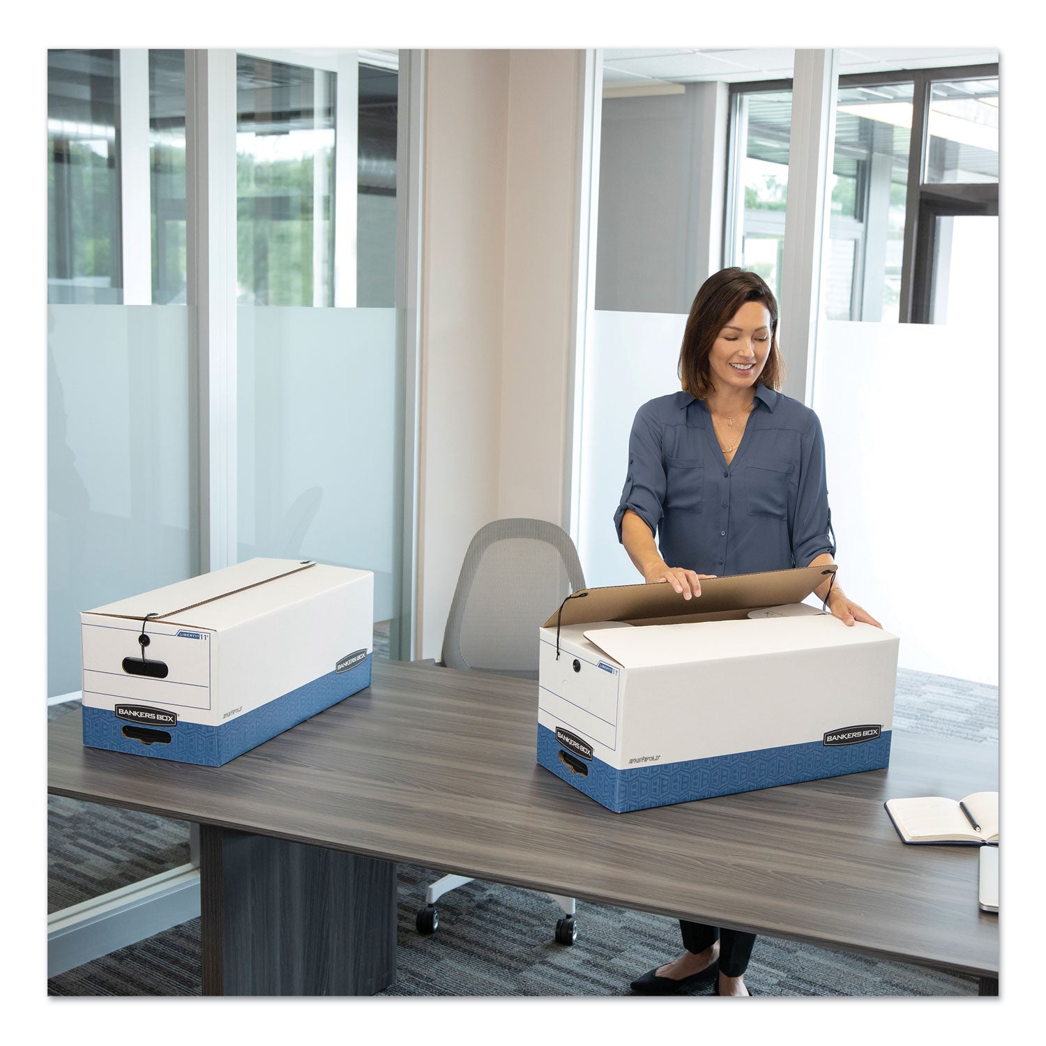 Bankers Box STOR/FILE File Storage Box, Letter Size, String/Button Closure, Medium Duty, Stackable, Plastic, White/Blue, Recycled, 20 Boxes per Carton
