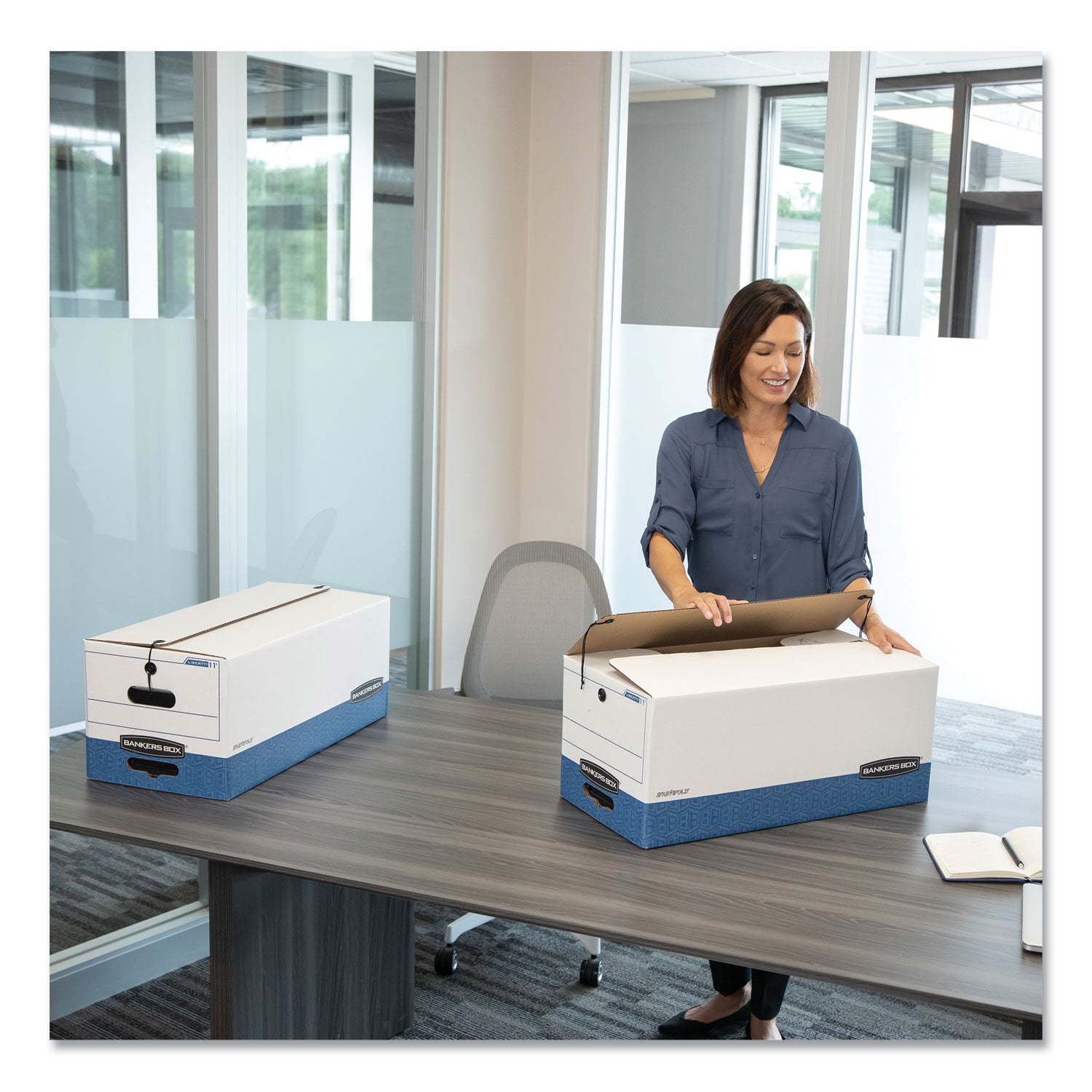 Bankers Box Liberty File Storage Boxes, Letter Size, String/Button Tie Closure, Stackable, Reinforced Handles, Fiberboard, White/Blue, 4 Boxes per Carton