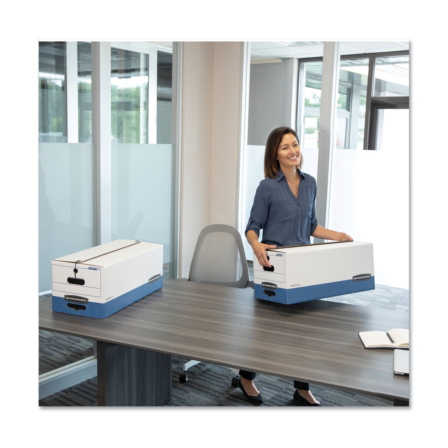 Bankers Box Liberty File Storage Boxes, Legal Size, Heavy Duty, String/Button Tie Closure, Stackable, Reinforced Handles, White/Blue, Fiberboard/Plastic, 12 Boxes per Carton