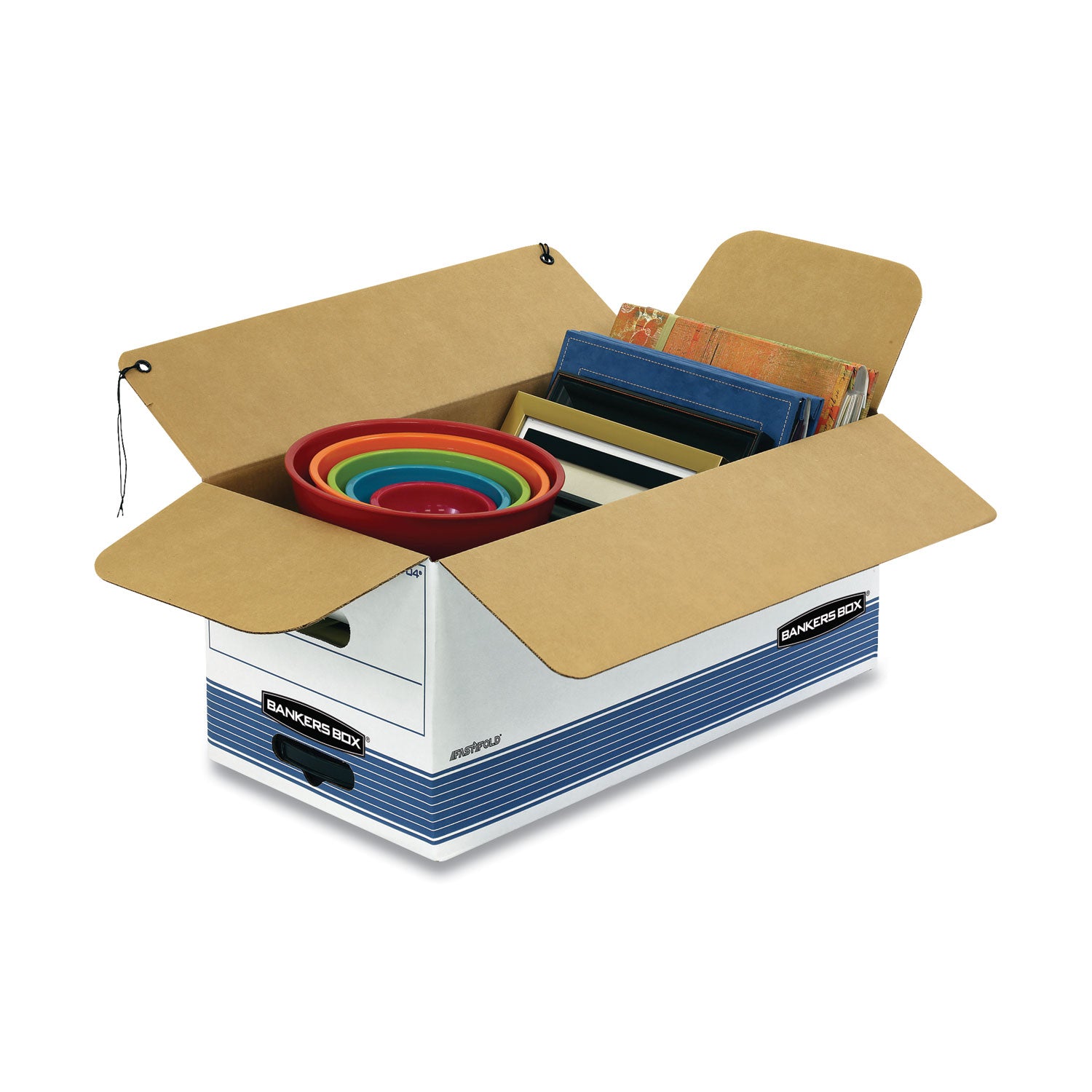Bankers Box STOR/FILE File Storage Box, Letter Size, String/Button Tie Closure, Medium Duty, Stackable, Corrugated Paper, White/Blue, 12 Boxes per Carton