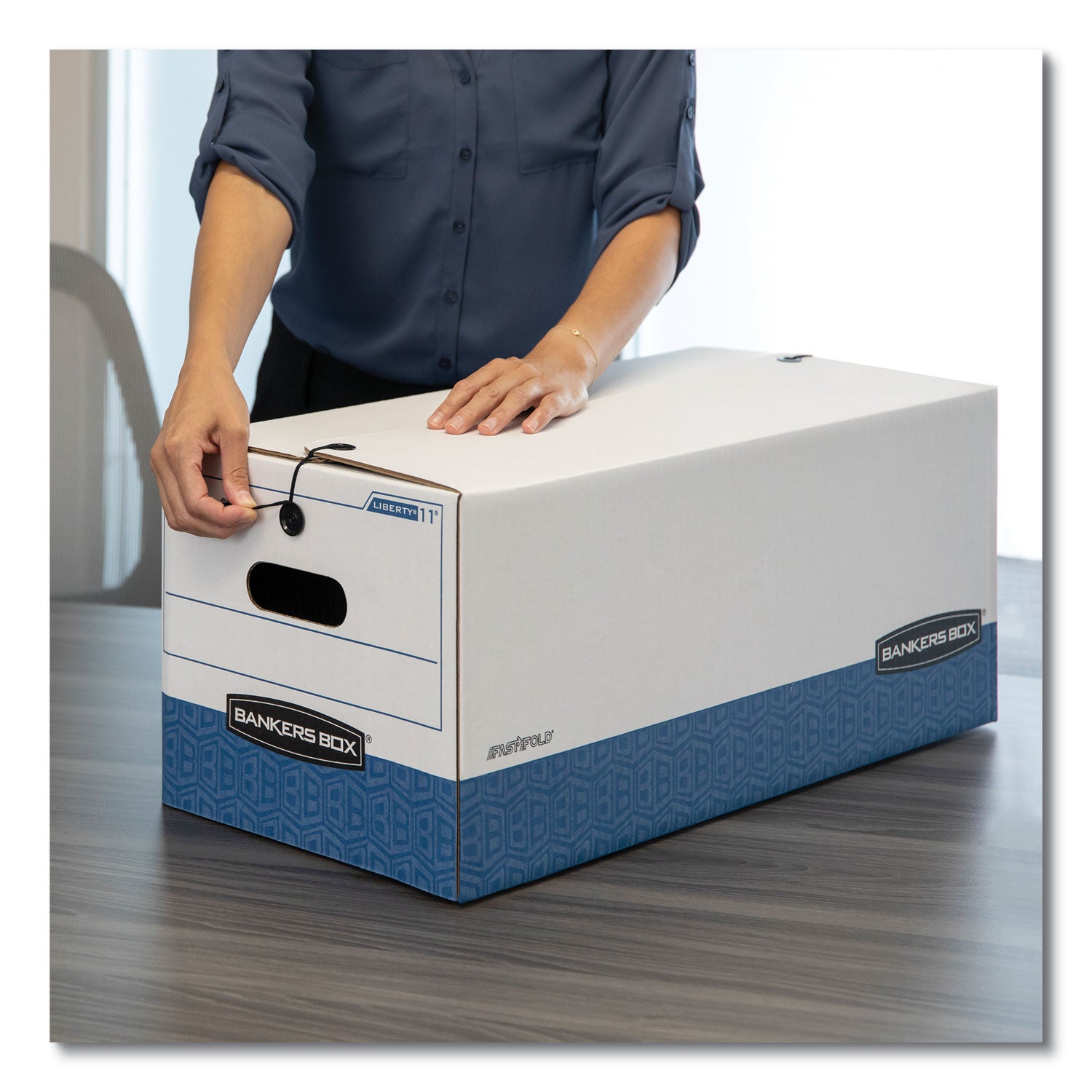 Bankers Box Liberty File Storage Boxes, Letter Size, String/Button Tie Closure, Stackable, Reinforced Handles, Fiberboard, White/Blue, 4 Boxes per Carton