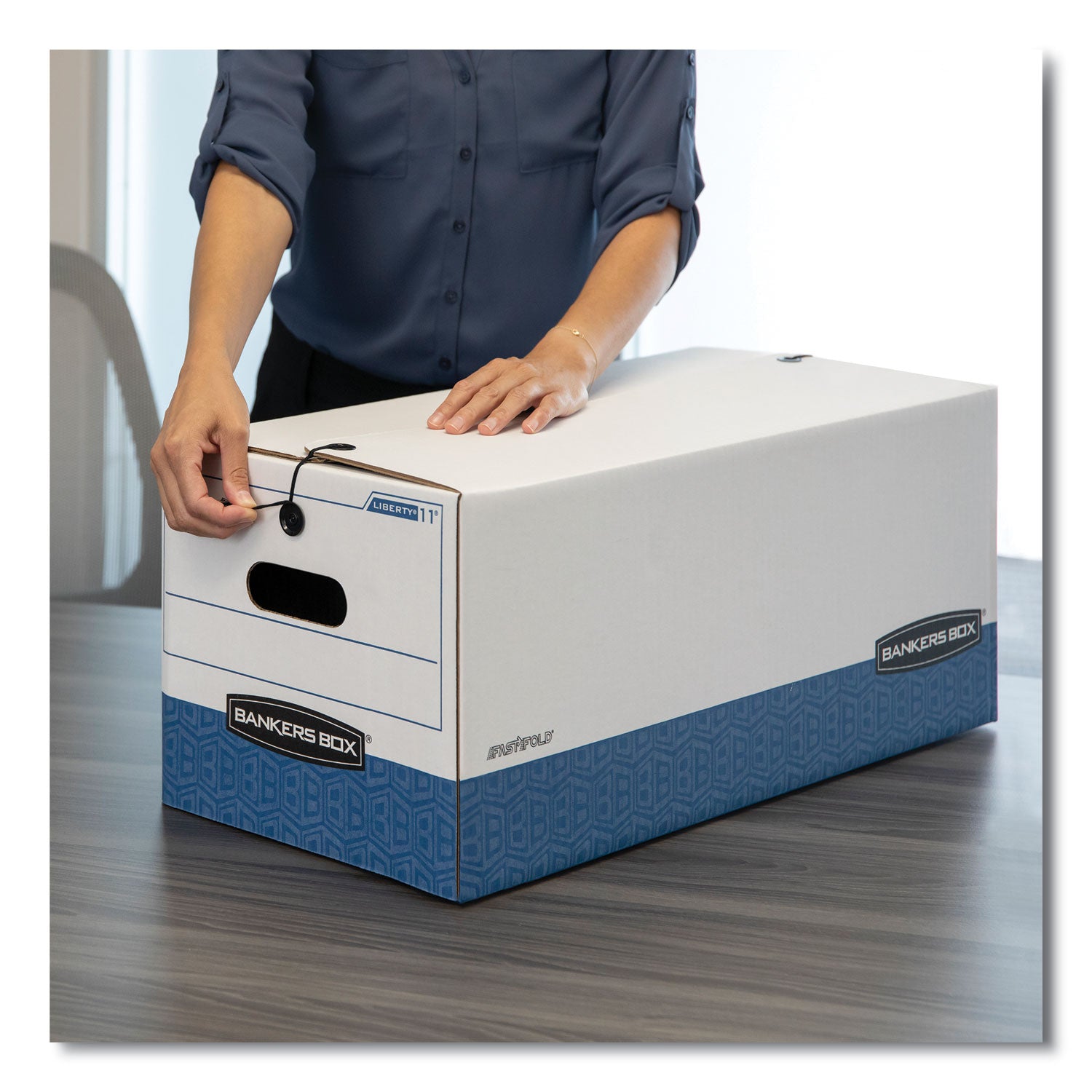 Bankers Box STOR/FILE File Storage Box, Letter Size, String/Button Closure, Medium Duty, Stackable, Plastic, White/Blue, Recycled, 20 Boxes per Carton