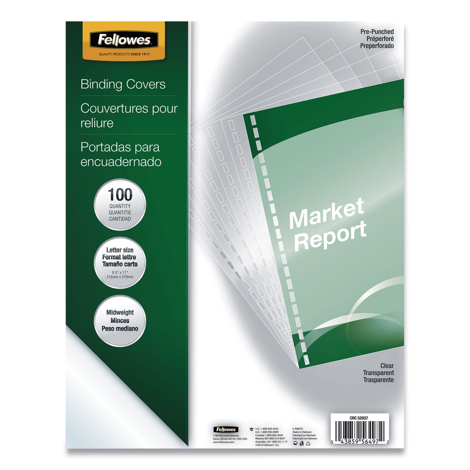 Fellowes Crystals Clear Pre-punched Binding Covers - 11" Height x 8.5" Width x 0.1" Depth - For Letter 8 1/2" x 11" Sheet - Rectangular - Clear - Polyvinyl Chloride (PVC) - 1 Pack