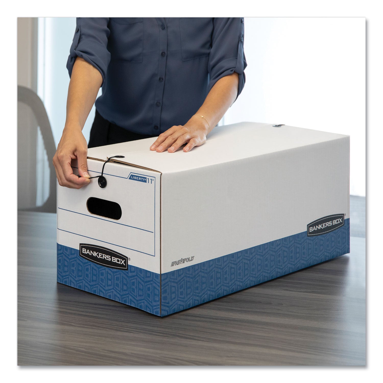 Bankers Box STOR/FILE File Storage Box, Letter Size, String/Button Tie Closure, Medium Duty, Stackable, White/Blue, 12" x 24" x 10", Recycled, 4 Boxes per Carton