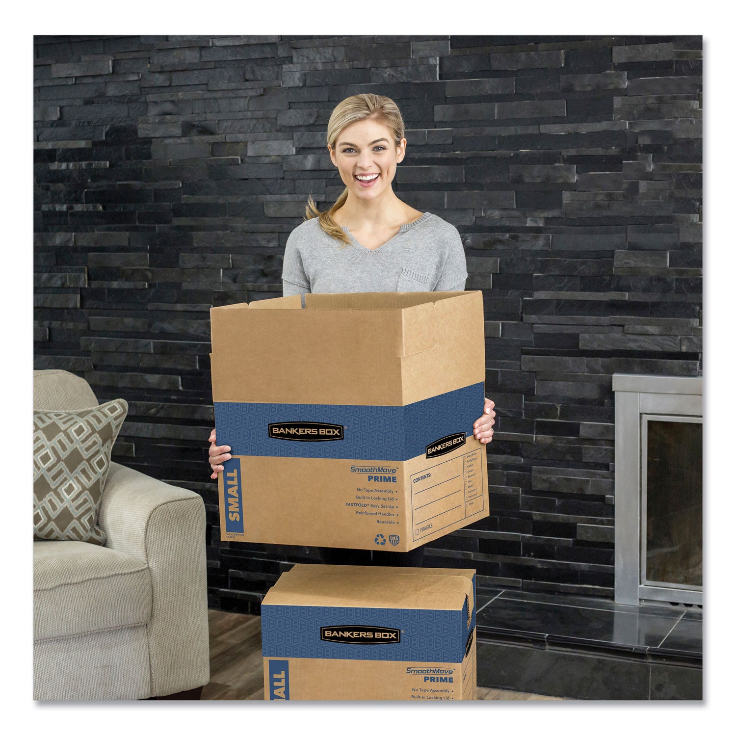 Bankers Box SmoothMove Prime Moving Boxes, Heavy Duty, Lid Lock Closure, Kraft, 12" x 16" x 12" (Internal), 10/Carton
