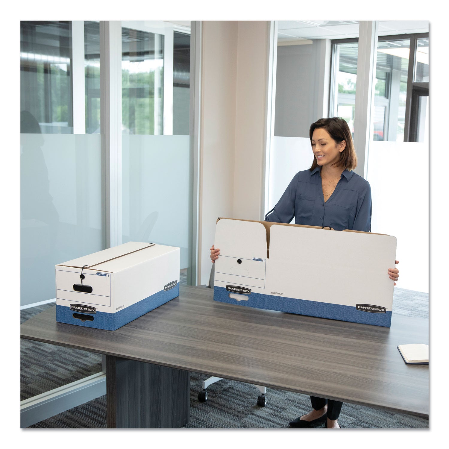 Bankers Box STOR/FILE File Storage Box, Letter Size, String/Button Tie Closure, Medium Duty, Stackable, Corrugated Paper, White/Blue, 12 Boxes per Carton