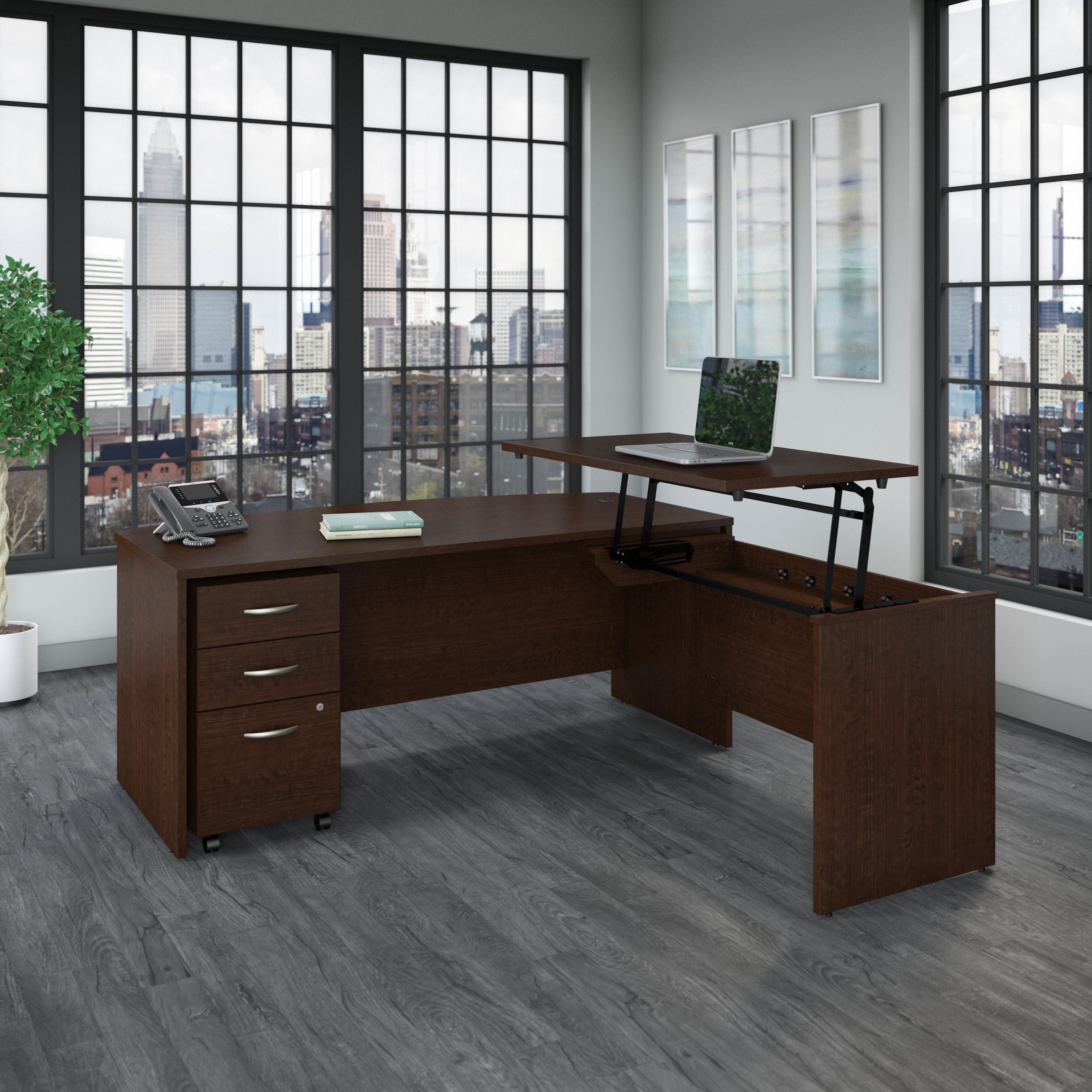 Bush Business Furniture Series C 72W x 36D 3 Position Bow Front Sit to Stand L Shaped Desk with Mobile File Cabinet in Mocha Cherry - 71.1" Width x 78.7" Depth x 29.84" Height