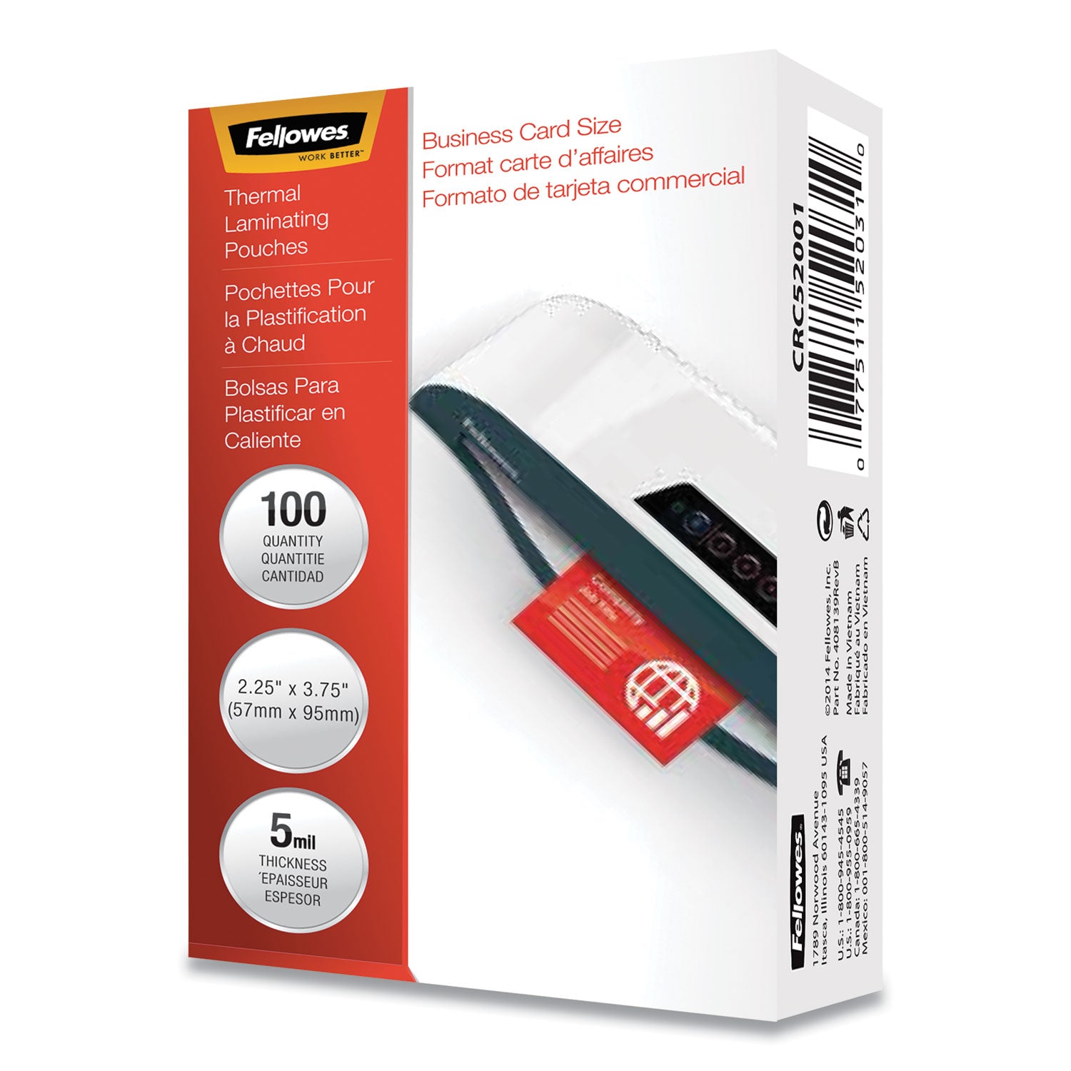 Fellowes Business Card Glossy Laminating Pouches - Laminating Pouch/Sheet Size: 3.75" Width x 5 mil Thickness - Type G - Glossy - for Business Card - Durable - Clear - 100 / Pack