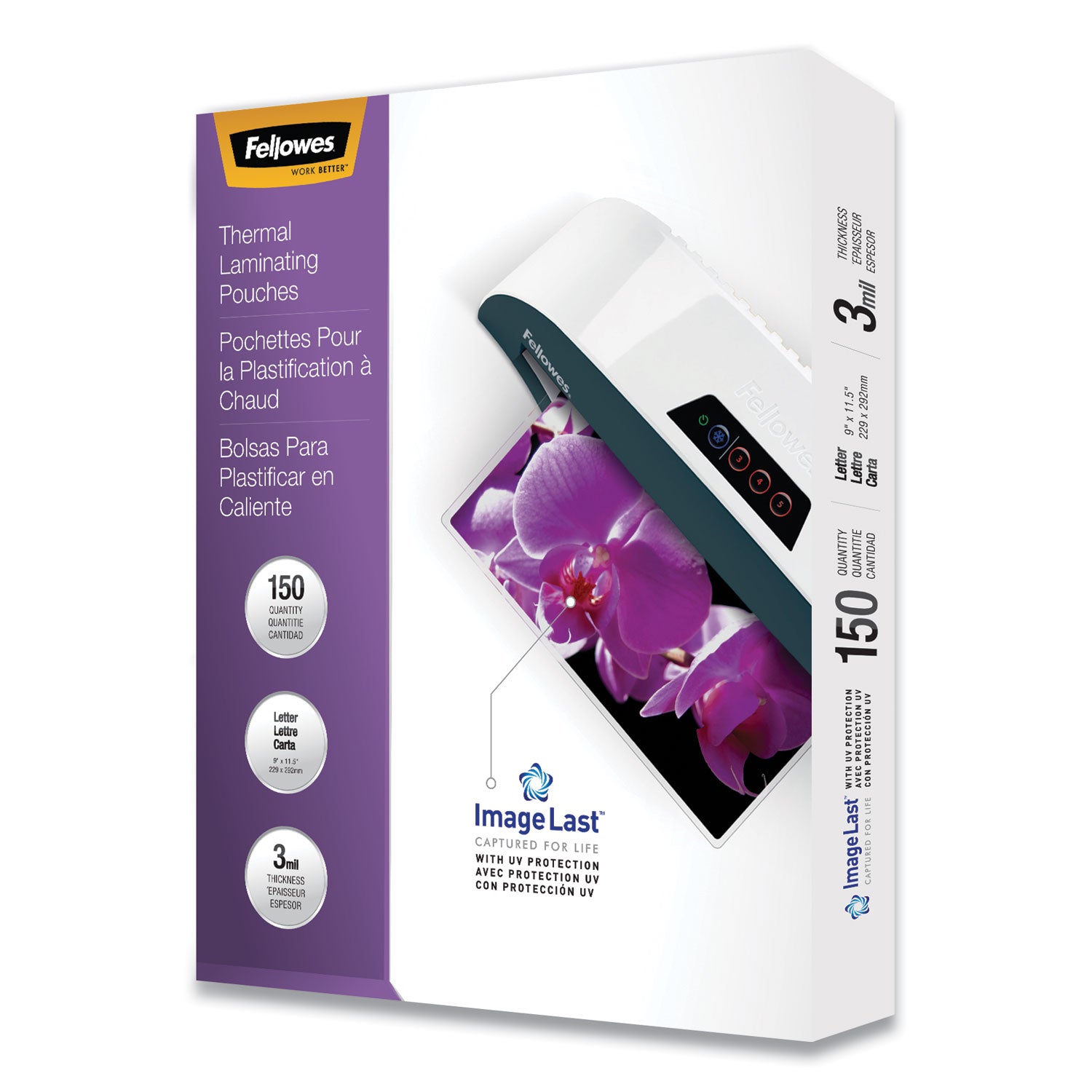 Fellowes ImageLast Jam-Free Premium Thermal Laminating Pouches - Sheet Size Supported: Letter - Laminating Pouch/Sheet Size: 9" Width x 3 mil Thickness - for Document - Durable, UV Resistant, Fade Resistant, Jam-free - Clear - 1 Pack