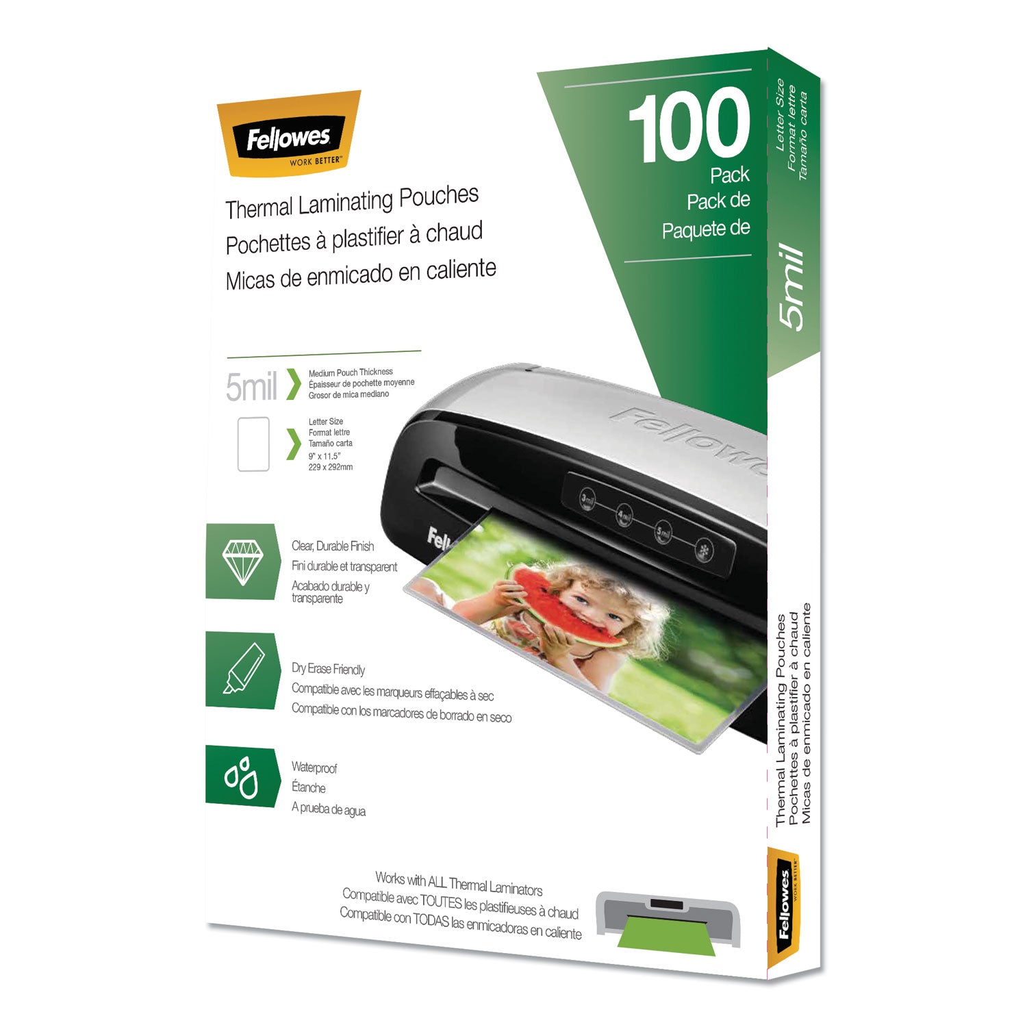 Fellowes Letter-Size Thermal Laminating Pouches, 9" x 11.5", 5 mil, Glossy, Clear, Photo-Safe, Erasable, Waterproof, 1 Pack
