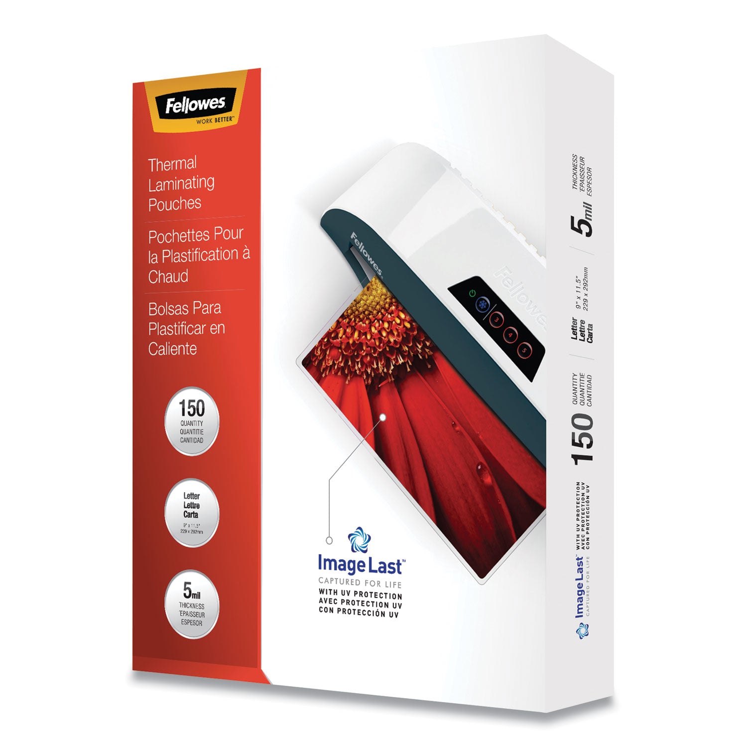 Fellowes ImageLast Jam-Free Premium Thermal Laminating Pouches, Letter Size, 9" x 11.5", 5 mil, Glossy, Clear, 1 Pack