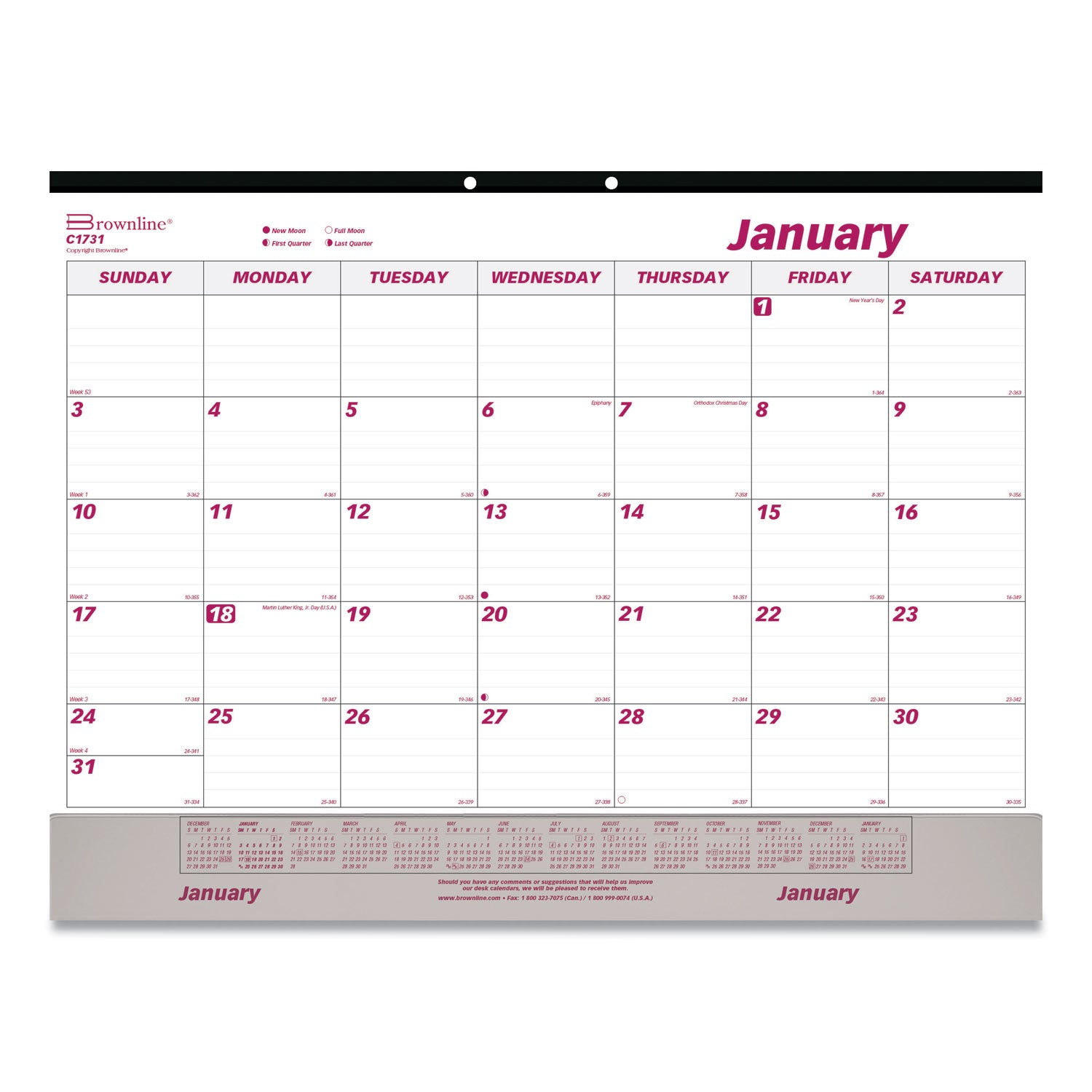 Julian Dates - Monthly - 12 Month - January 2026 to December 2026 - 1 Month Single Page Layout - 22" x 17" Sheet Size - Desk Pad - White - Chipboard - Tear-off, Reinforced, Perforated, Reference Calendar, Hole-punched - 1 Each