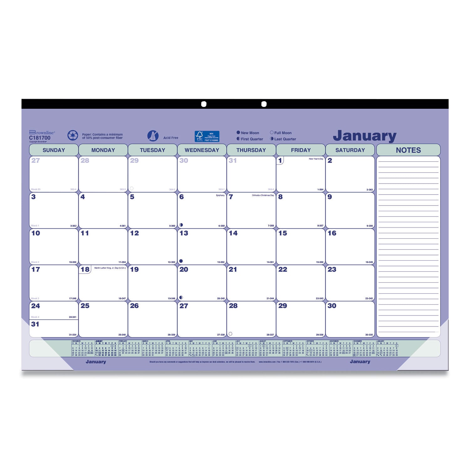 Monthly - 12 Month - January 2026 to December 2026 - 1 Month Single Page Layout - 17 3/4" x 10 7/8" Sheet Size - 2 x Holes - Desk Pad - Wall Mount - Blue, Green - Chipboard, Cardboard - Tear-off, Top Bound, Yearly Calendar, Reinforced Corner - 1 Each