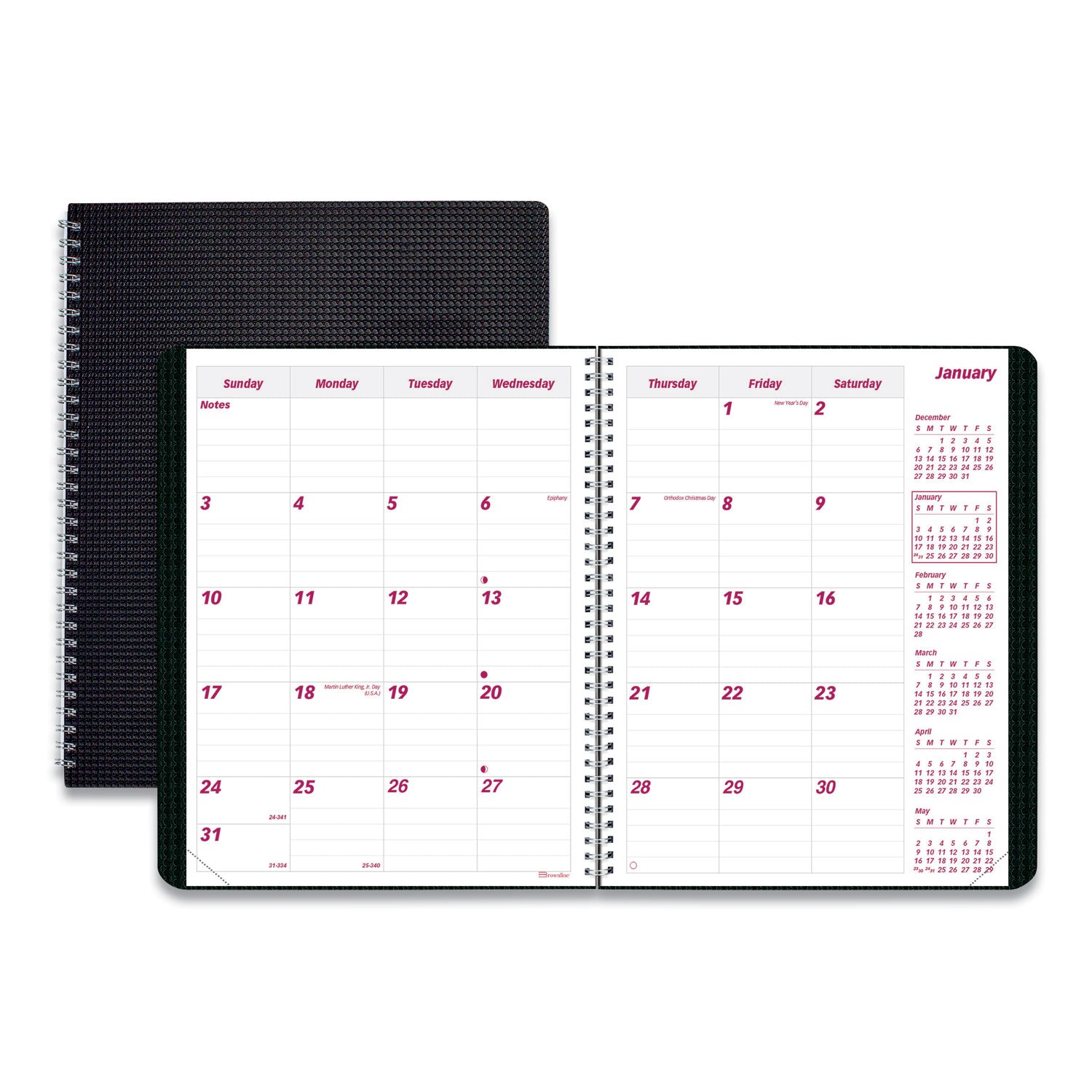 Brownline Monthly Planner, 14-Month, December 2025–January 2027, Twin Wire, 7 1/8" x 8 7/8", Black Textured Poly Cover, FSC Certified, 1 Each