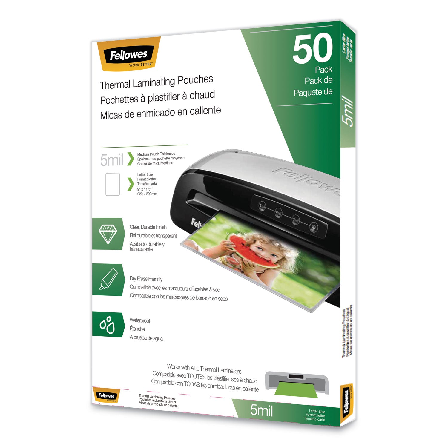 Fellowes Letter-Size Thermal Laminating Pouches - Sheet Size Supported: Letter 8.50" Width x 11" Length - Laminating Pouch/Sheet Size: 9" Width x 5 mil Thickness - Glossy - for Document - Photo-safe, Durable - Clear - 1 Pack