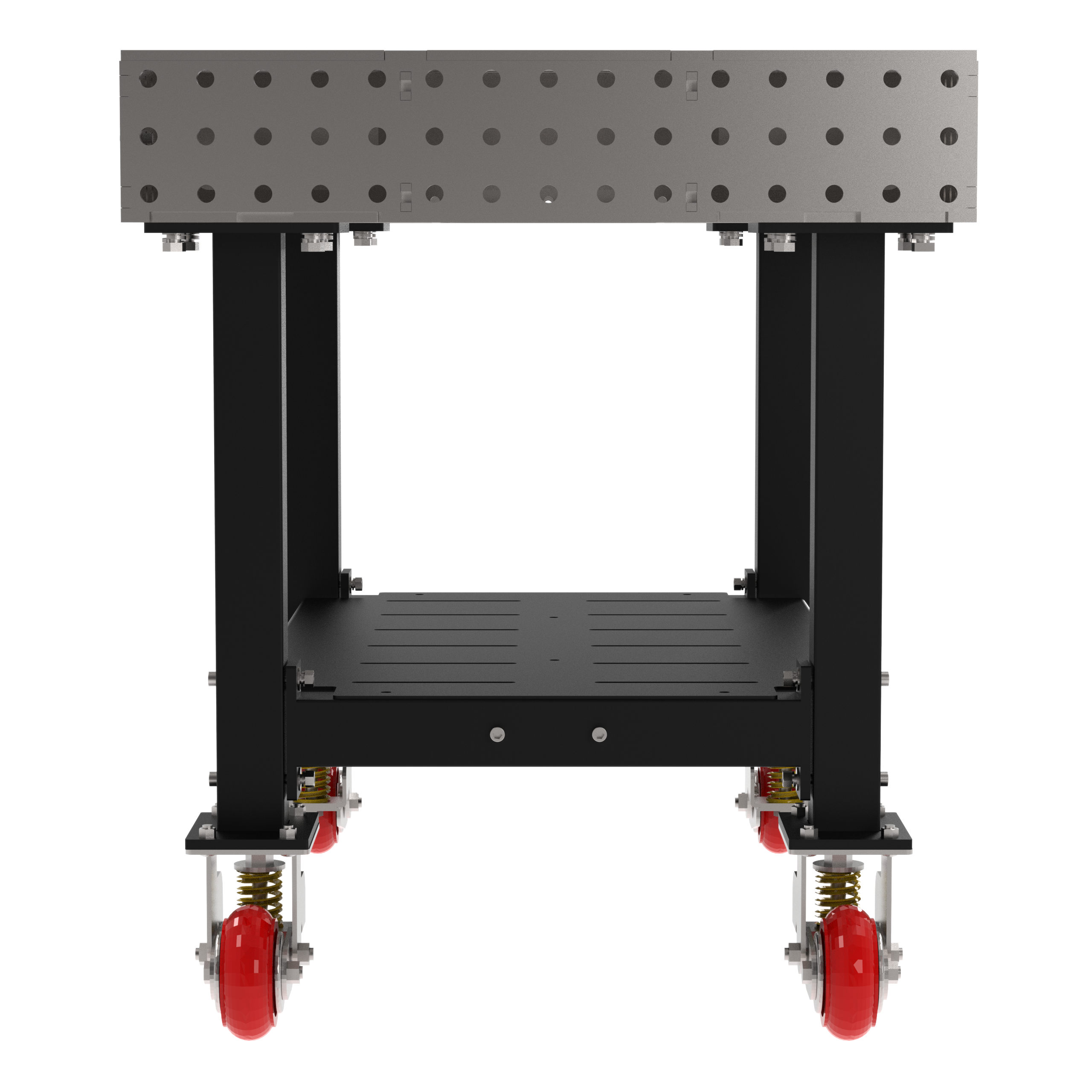 Welding Fixture Table, Fixed Height, 36"H x 48"L x 30"D, 1/4" Carbon Steel Top, Four Black Powdercoat Legs, Shelf, 4 Heavy Duty Suspension Casters (2 Locking/Swiveling Casters and 2 Non-Locking/Non-SwivelingCasters)