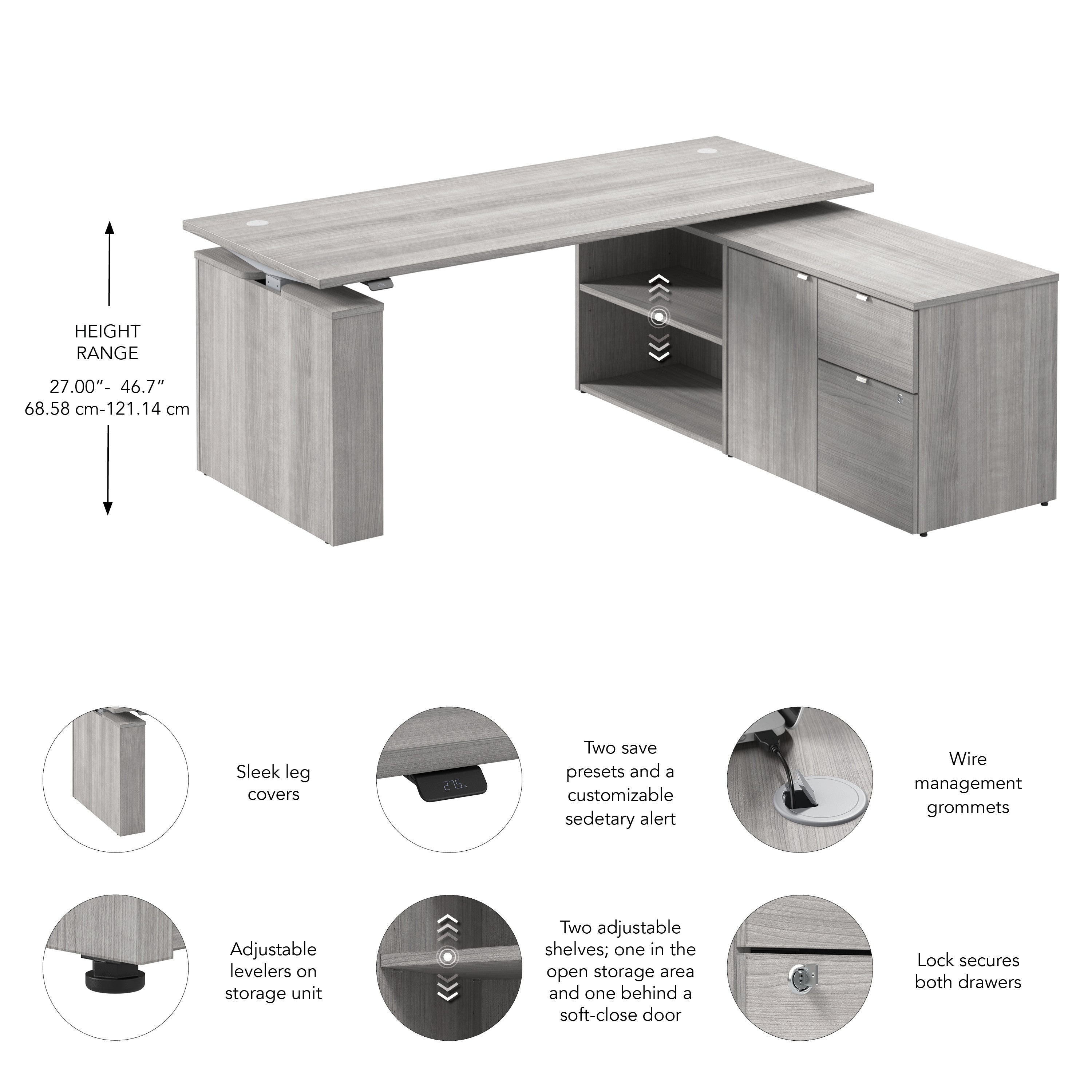 Bush Business Furniture Stratus&nbsp;72W x&nbsp;30D Electric Height Adjustable Standing Desk with Storage in Platinum Gray with Metallic Gray Base - 71.02" Width x 29.37" Depth x 27.44" Height