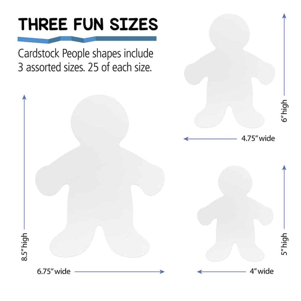 People Paper Cutouts - 5", 6", 8.5" Assortment 25 pc each, 75 total count