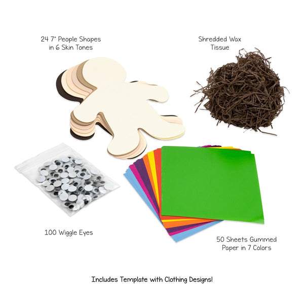 Culturally Div. People Kits - 24 ct., 7" cardstock, shredded tissue hair, gummed paper clothes