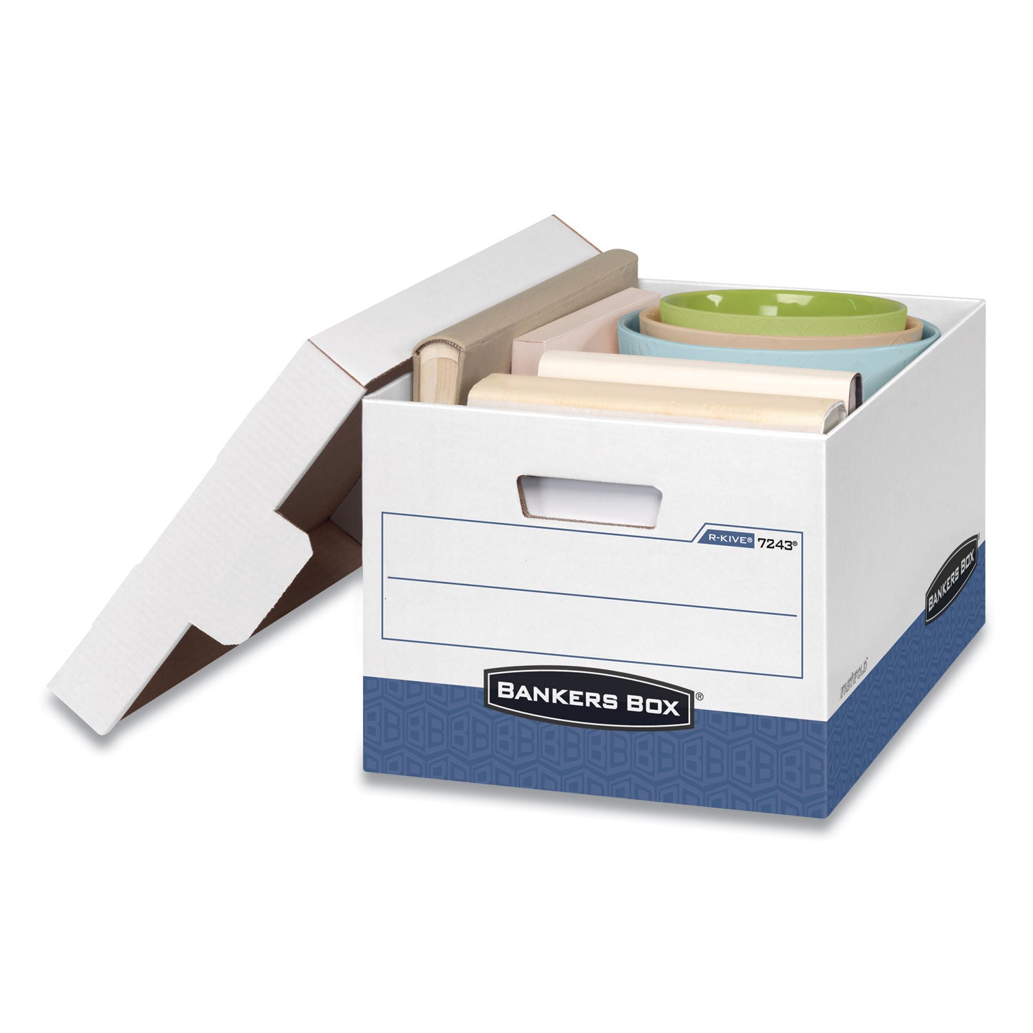 Bankers Box R-Kive File Storage Box, Lift-off Lid, Stackable, Letter/Legal Size, White/Blue, 4 per Carton
