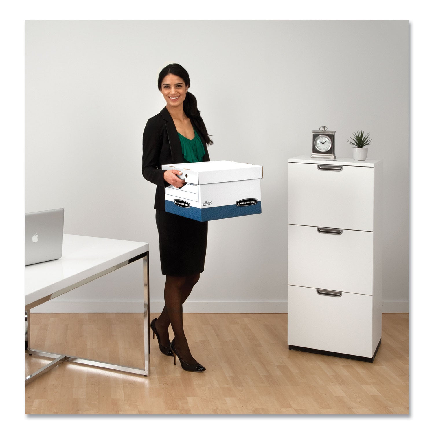 Bankers Box Presto File Storage Box, Heavy Duty, Stackable, Lift-off & Zipper Closure, White/Blue, 12" x 15" x 10" Internal Dimensions, 850 lb Capacity, Recycled, 12/Carton