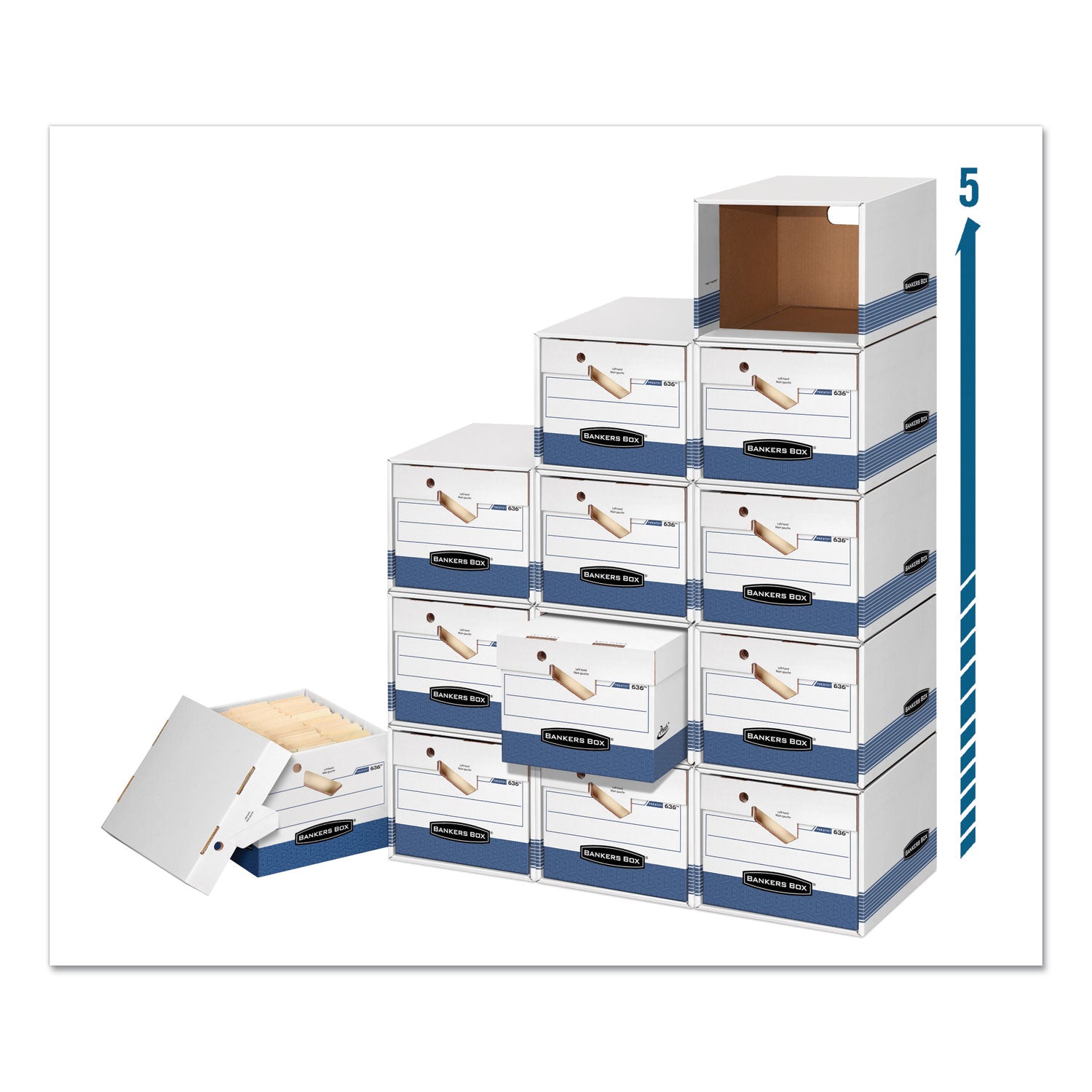 Bankers Box Presto File Storage Box, Heavy Duty, Stackable, Lift-off & Zipper Closure, White/Blue, 12" x 15" x 10" Internal Dimensions, 850 lb Capacity, Recycled, 12/Carton