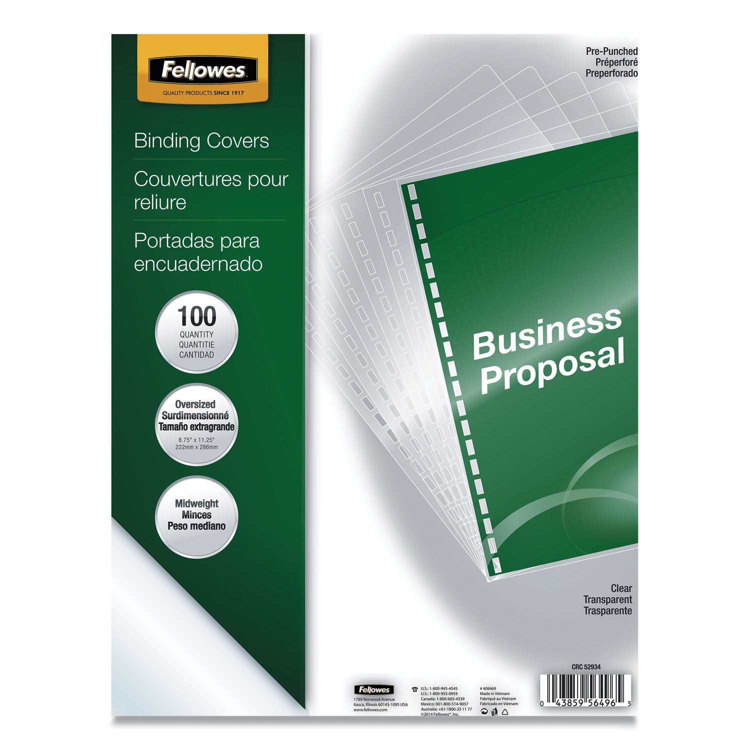 Fellowes Crystals Clear Pre-punched Binding Covers - 11.3" Height x 8.8" Width x 0.1" Depth - For 8 3/4" x 11 1/4" Sheet - Rectangular - Clear - Polyvinyl Chloride (PVC) - 1 Pack
