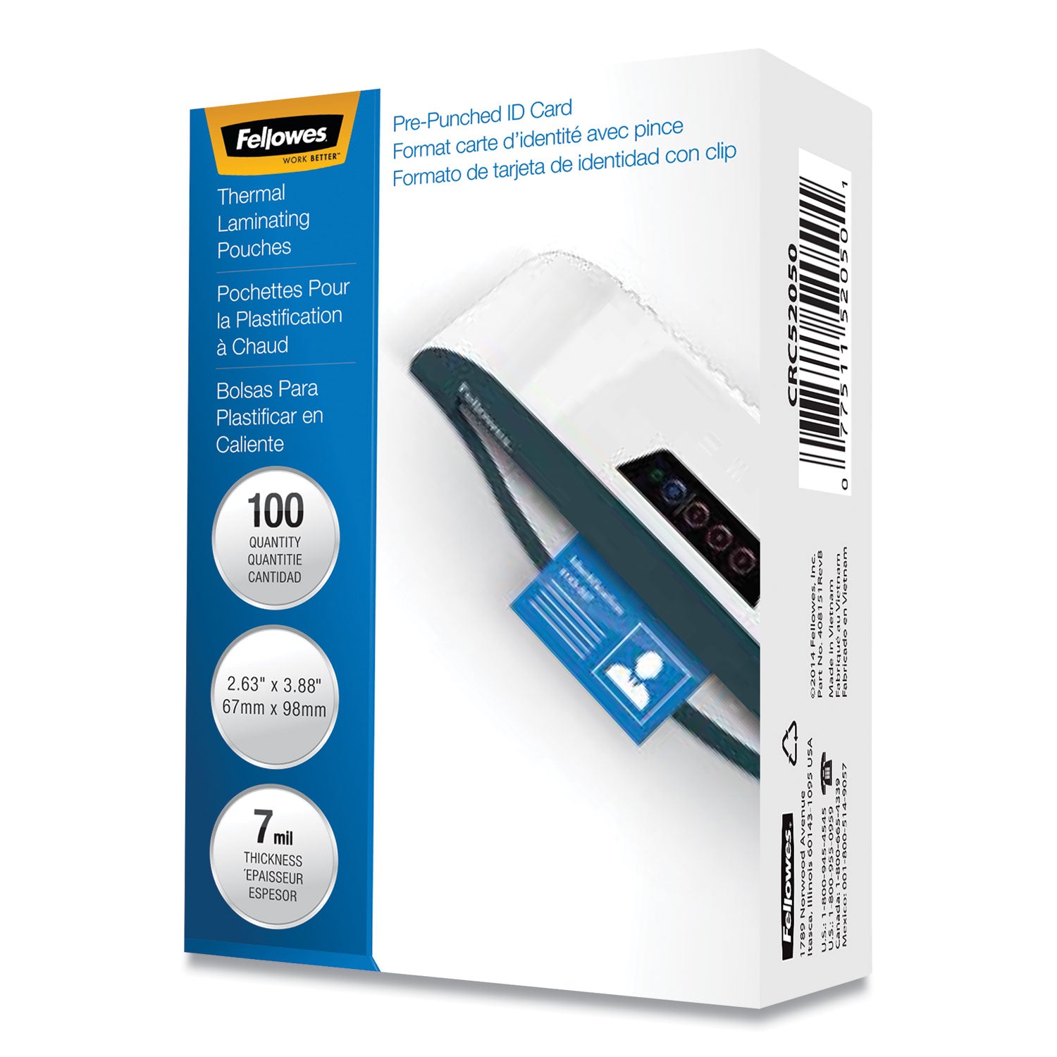 Fellowes Punched ID Card Glossy Thermal Laminating Pouches - Laminating Pouch/Sheet Size: 3.88" Width x 7 mil Thickness - Type G - Glossy - for Document, ID Card - Durable, Pre-punched - Clear - 100 / Pack