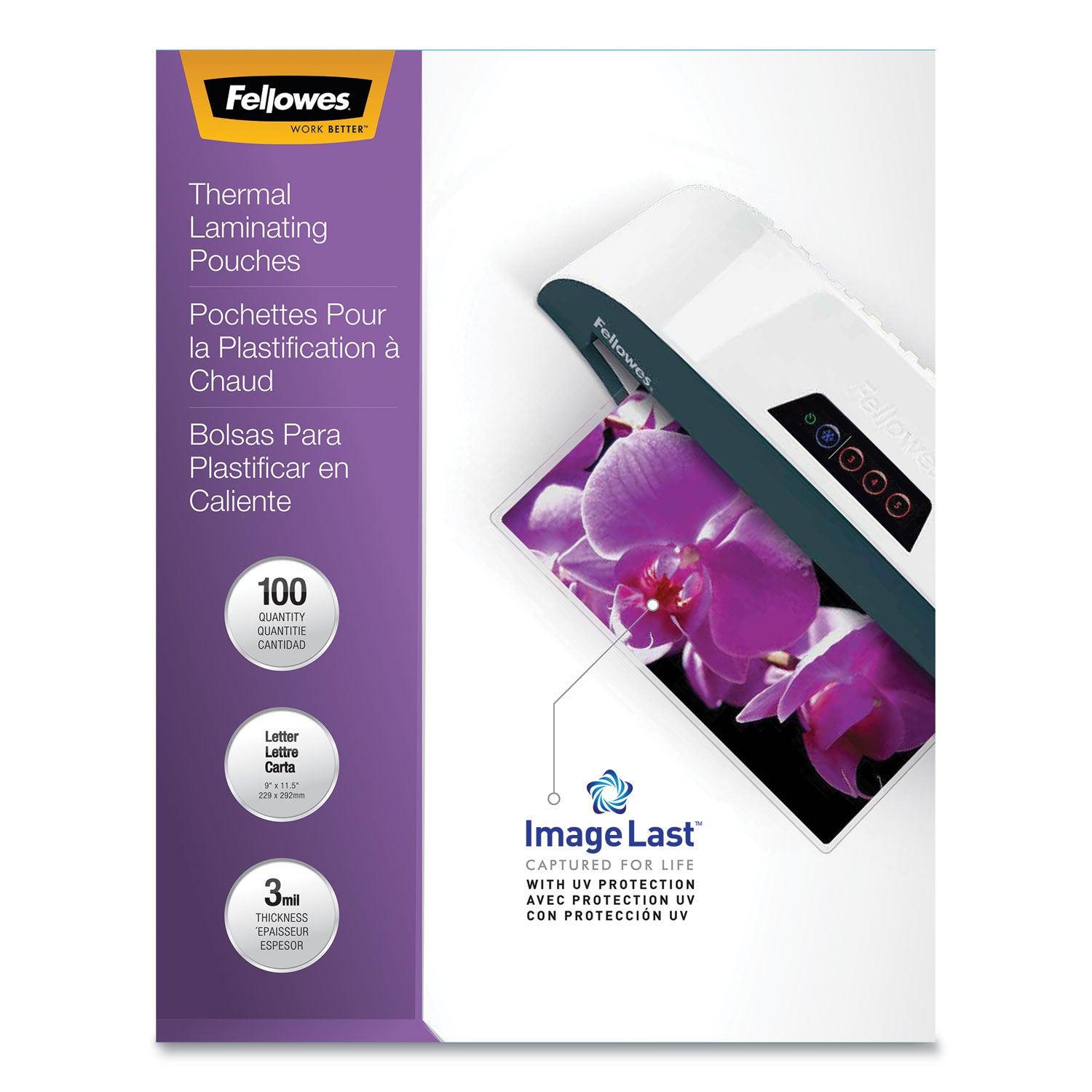 Fellowes ImageLast Thermal Laminating Pouches, Letter Size, 9" x 11.5", 3 mil, Glossy, Clear, 1 Box