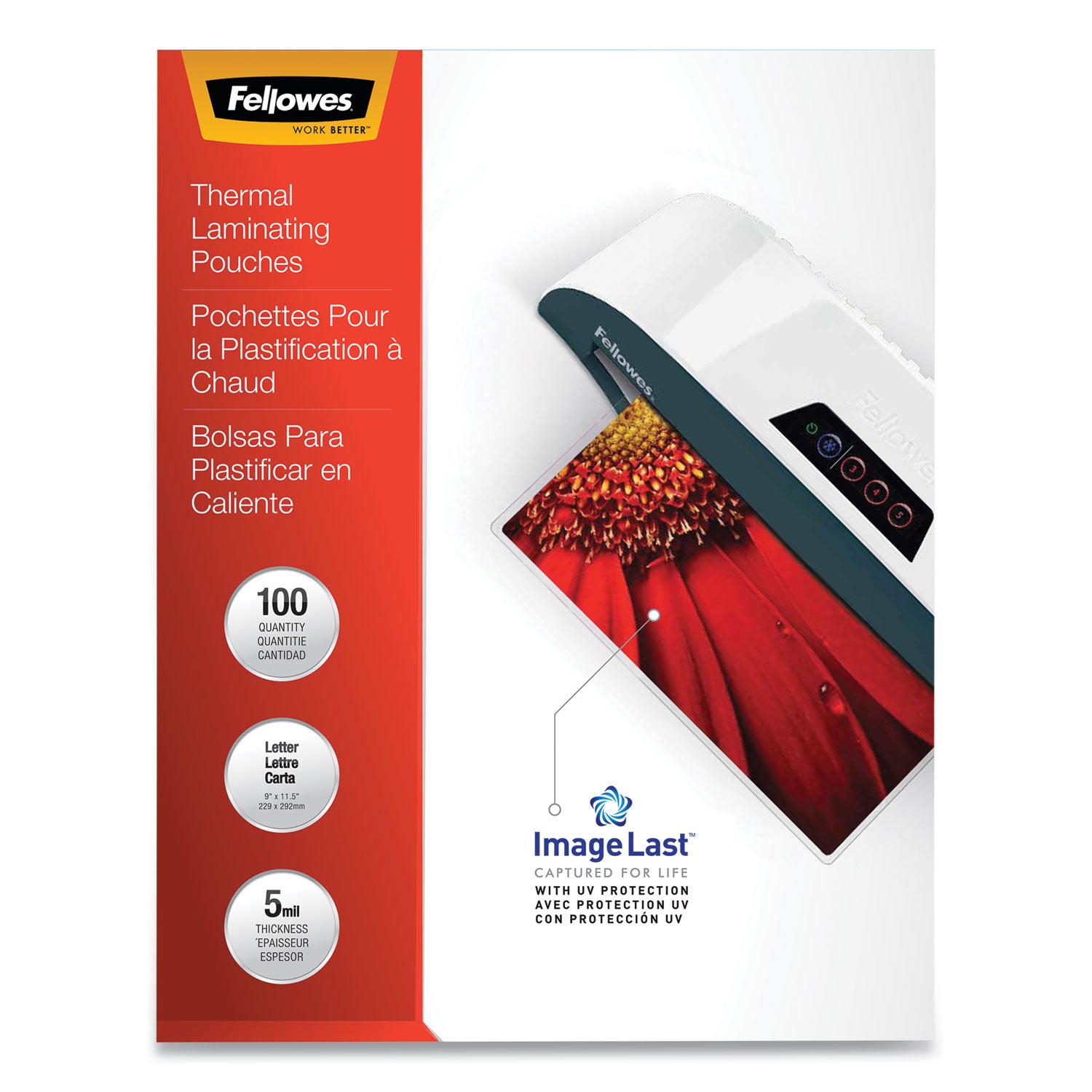 Fellowes ImageLast Letter-Size Laminating Pouches, 9" x 11.5", 5 mil, Glossy, Clear, 1 Pack