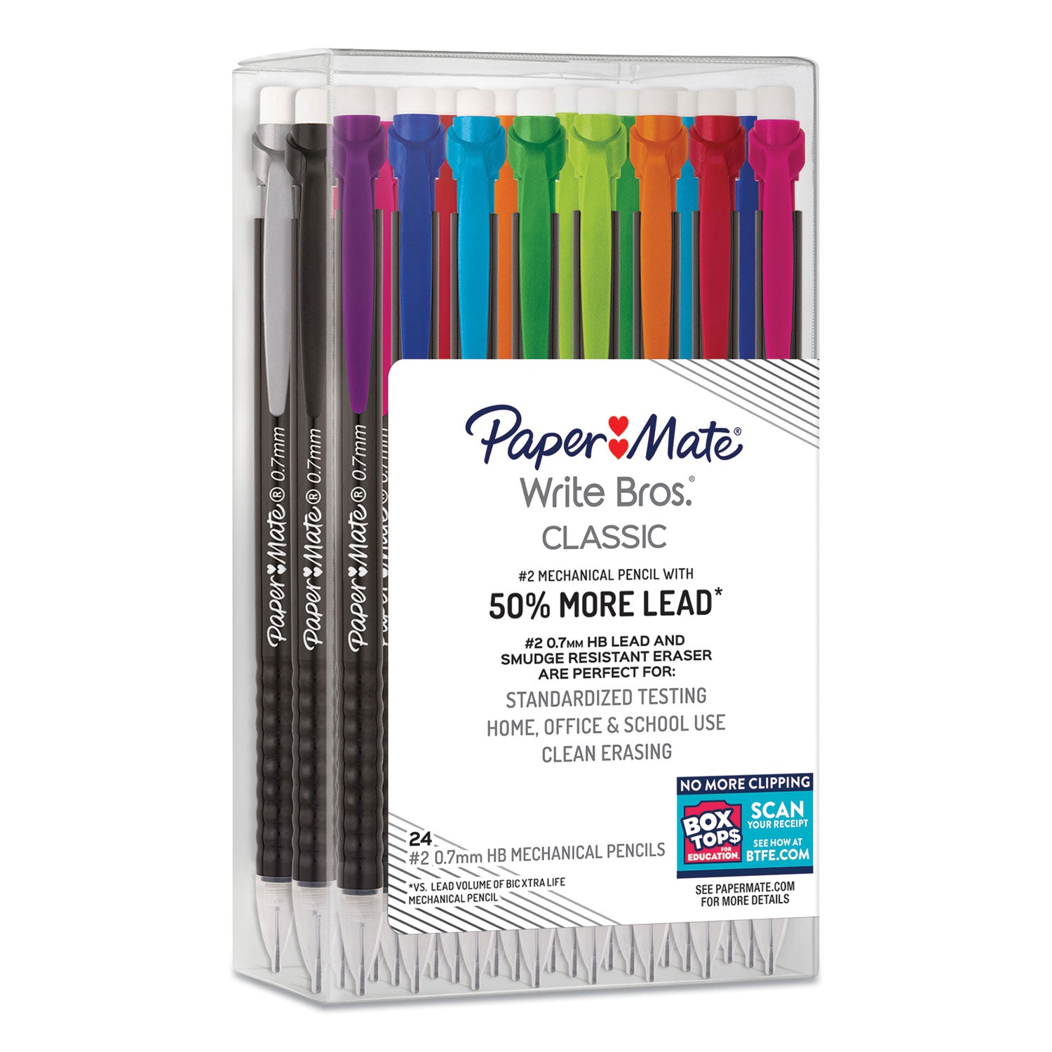 WRITE BROS MECHANICAL PENCIL, 0.7 MM, HB (#2), BLACK LEAD, BLACK BARREL WITH ASSORTED CLIP COLORS, 24/BOX