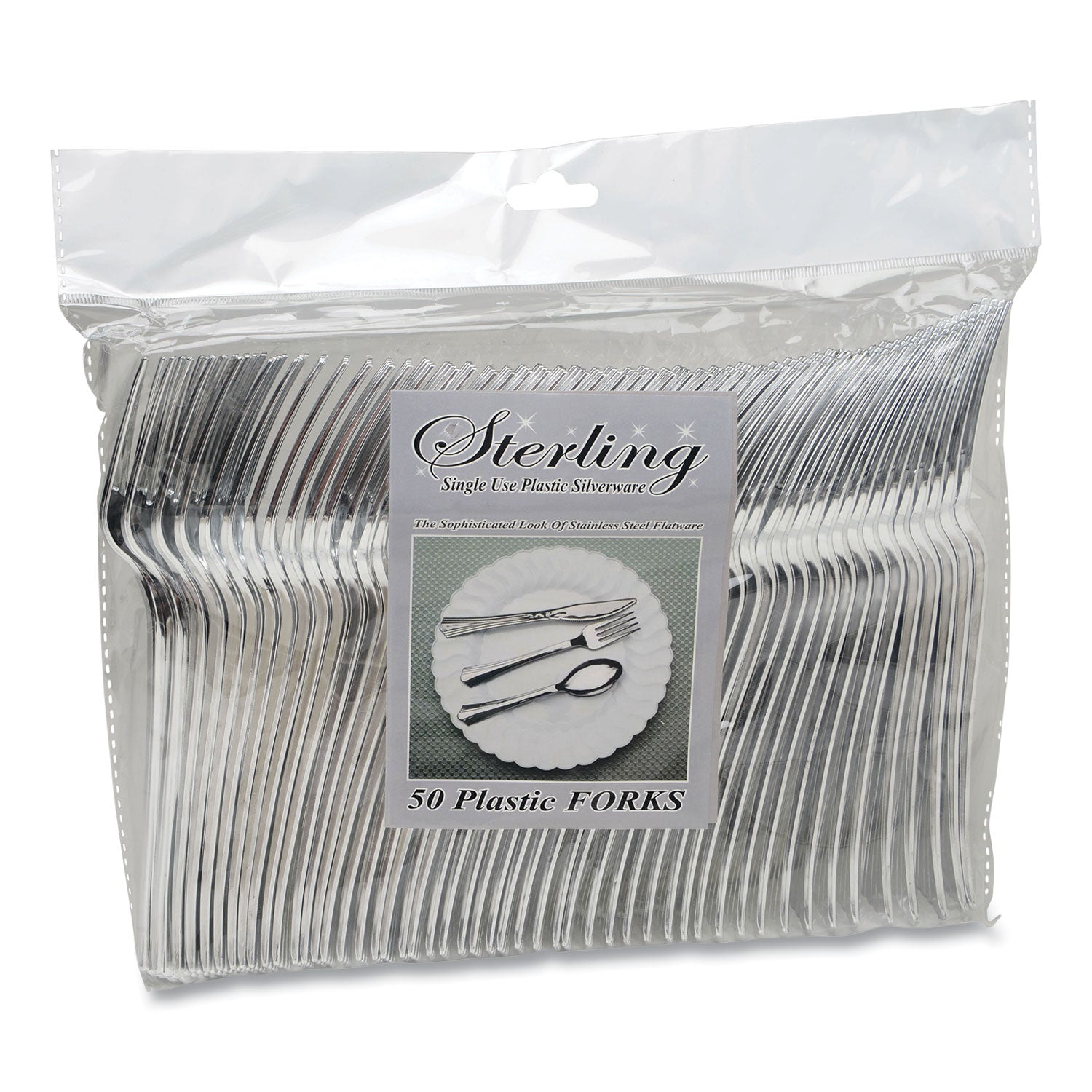 Sterling Heavyweight Plastic Cutlery, Fork, Silver, 50/Pack