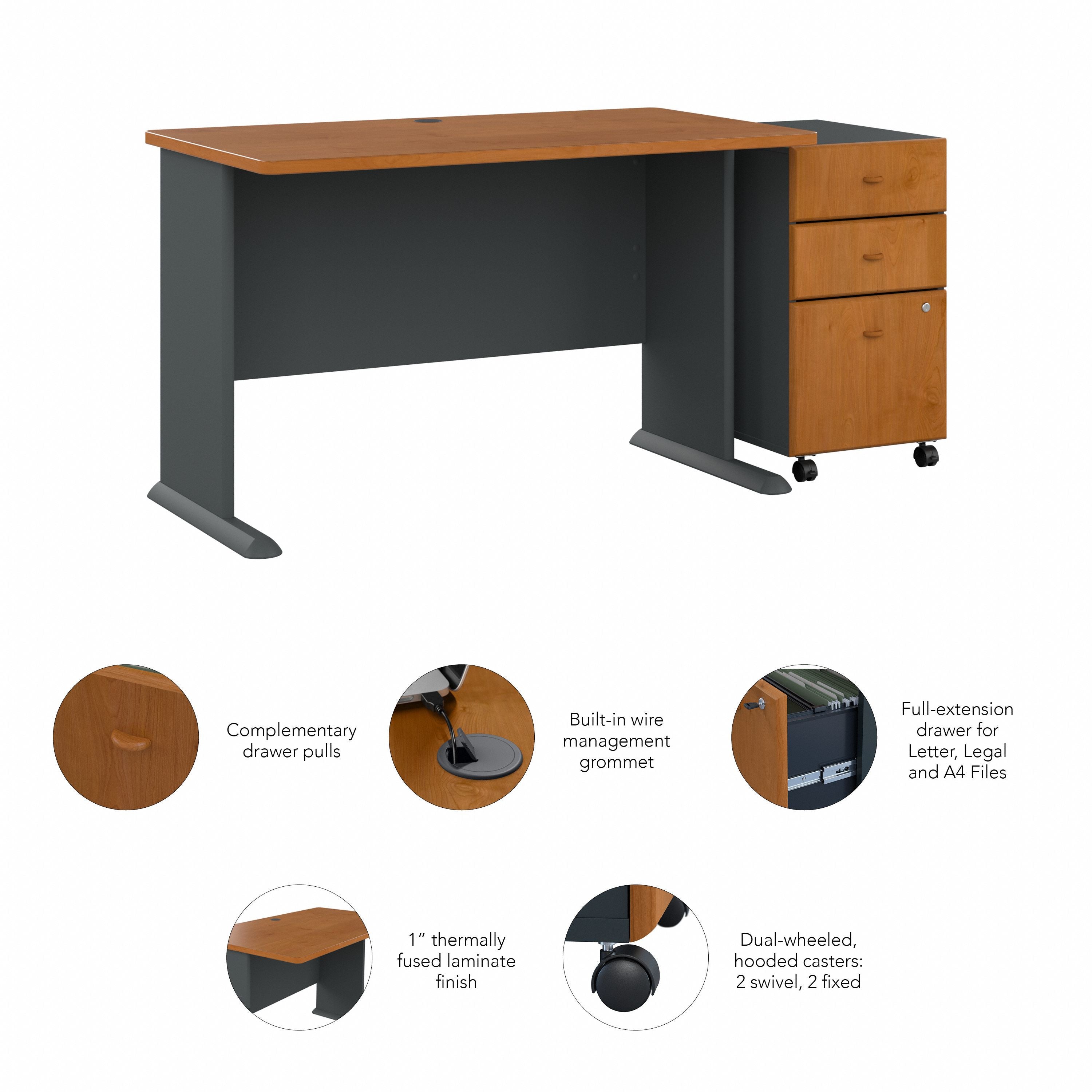 Bush Business Furniture Series A 48W Desk with Mobile File Cabinet in Natural Cherry and Slate - 47.52" Width x 26.81" Depth x 29.66" Height