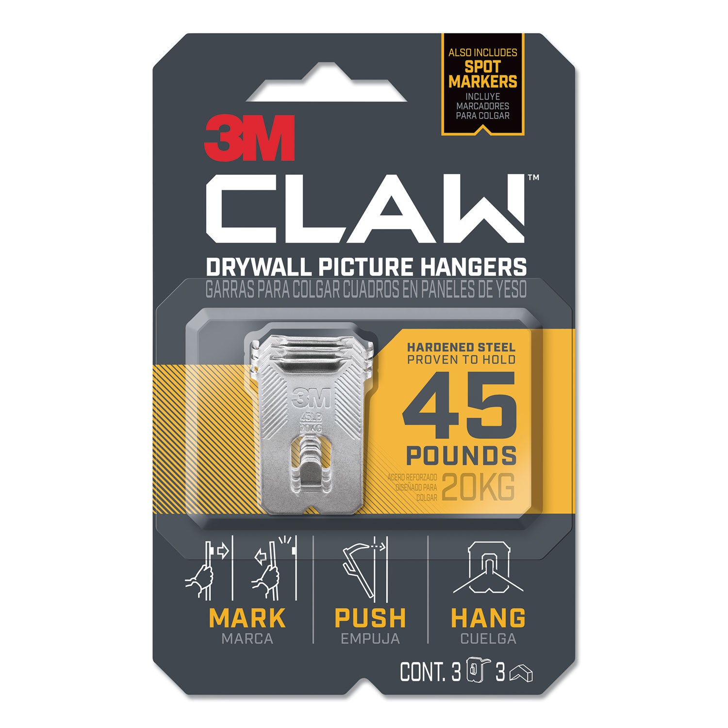 3M CLAW Drywall Picture Hanger - 45 lb (20.41 kg) Capacity - for Pictures, Project, Mirror, Frame, Art, Home, Decoration - Steel - Gray - 3 / Pack