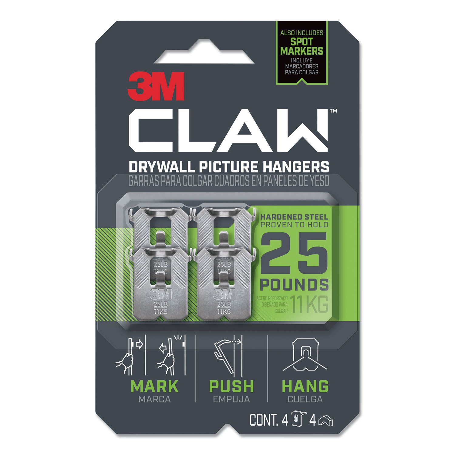 3M CLAW Drywall Picture Hanger - 25 lb (11.34 kg) Capacity - for Pictures, Project, Mirror, Frame, Art, Home, Decoration - Steel - Gray - 4 / Pack