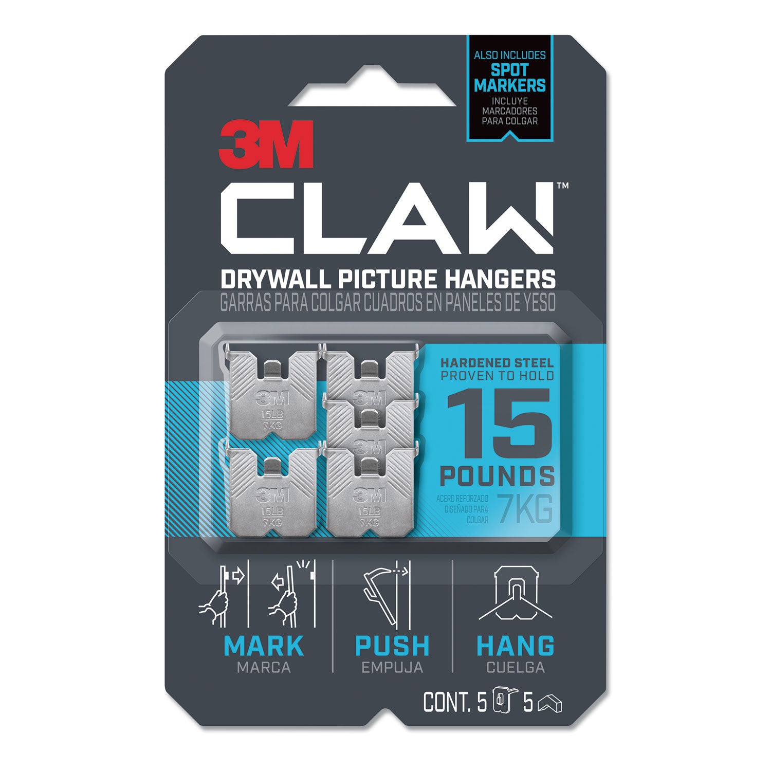 3M CLAW Drywall Picture Hanger - 15 lb (6.80 kg) Capacity - for Pictures, Mirror, Decoration, Art, Home - Gray - 5 / Pack