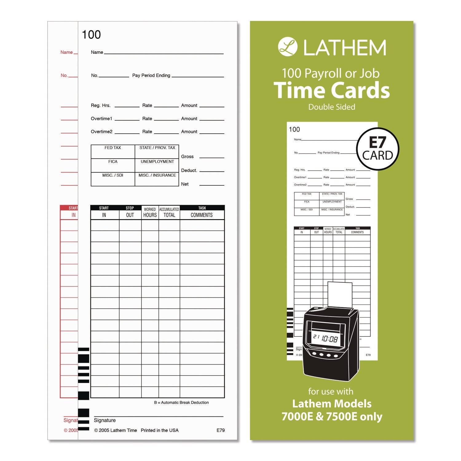 Time Clock Cards For Lathem Time 7000e/7500e, Two Sides, 3.38 X 8.78, 100/pack