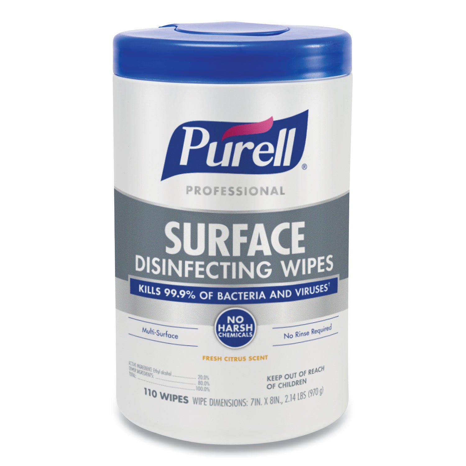 For Hard Surface, Desk - Wipe - Fresh Citrus Scent - 8" Length x 7" Width - Recommended For: Bacteria Remover, Virus Remover - Disinfectant, No-rinse, Durable, Bleach-free, Fume-free - White - 110/Tub - 6 / Carton